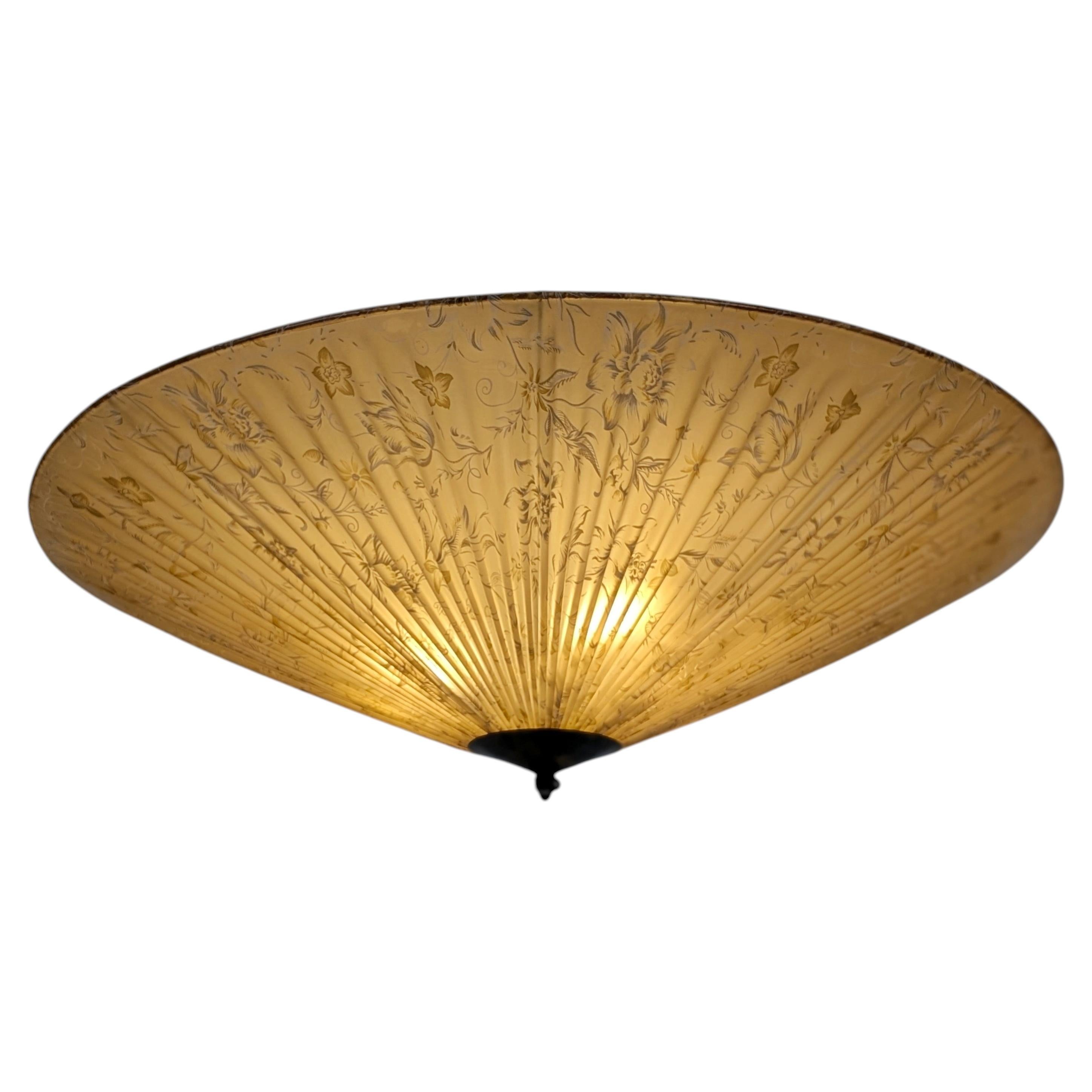 Large Vintage Flush Mount with Brass & Floral Decorations, Finland 1950s