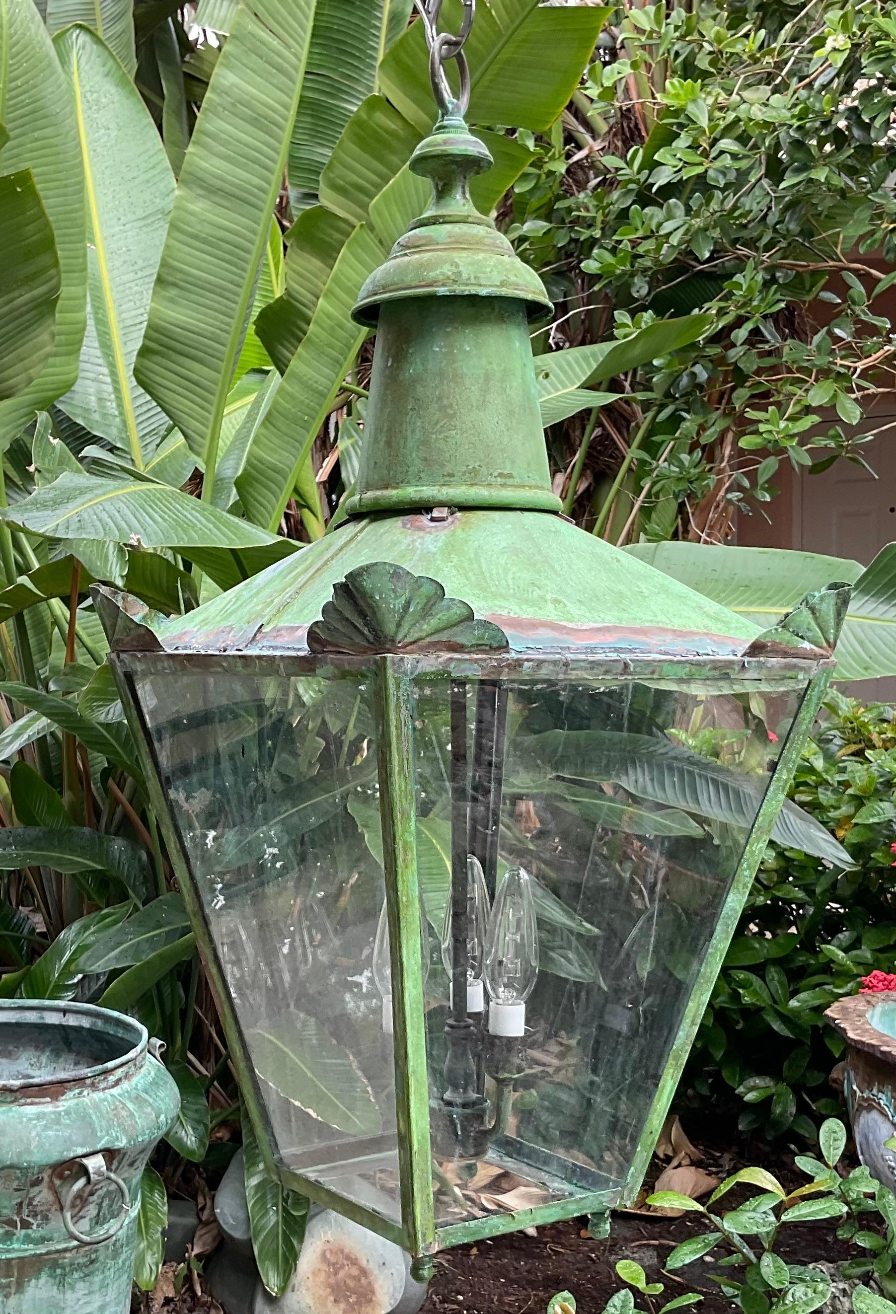Large Vintage  Four-Sides Hanging Brass Lantern 1