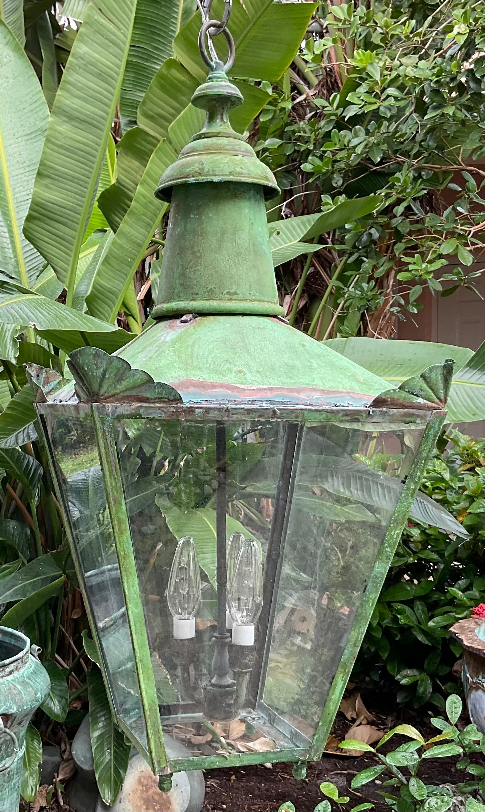 Large Vintage  Four-Sides Hanging Brass Lantern 2