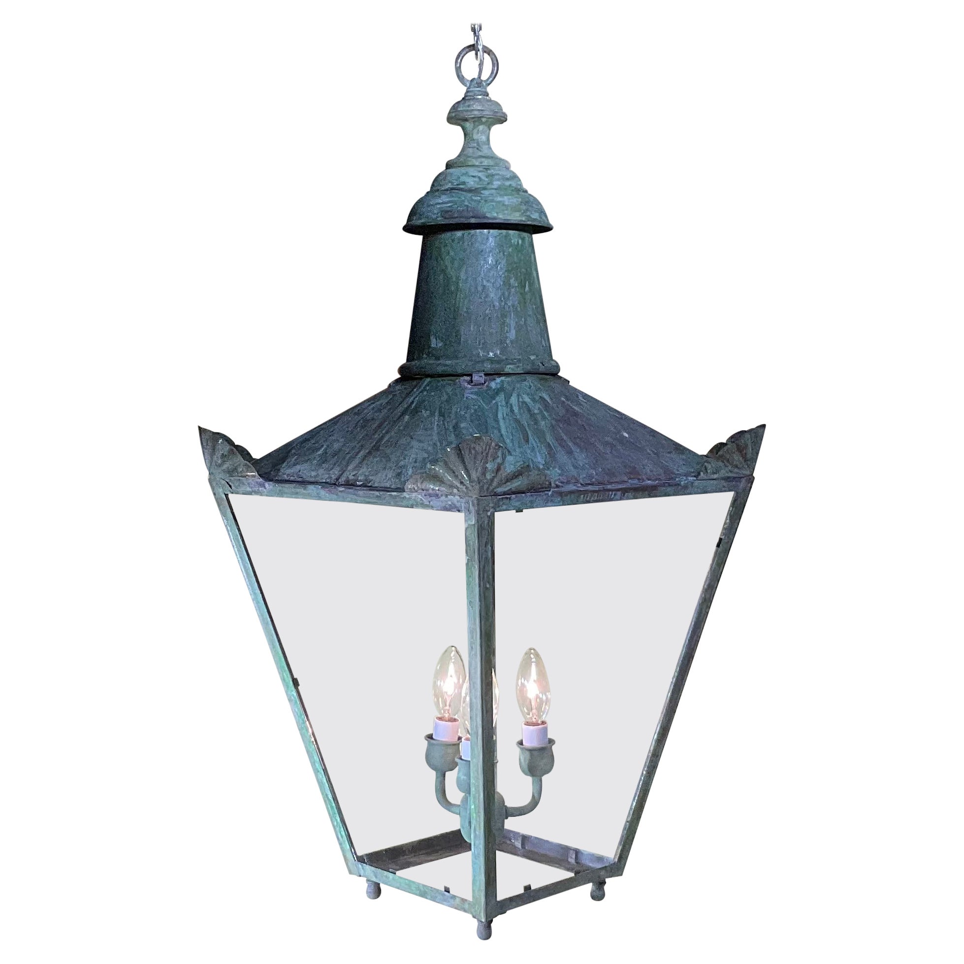 Large Vintage  Four-Sides Hanging Brass Lantern