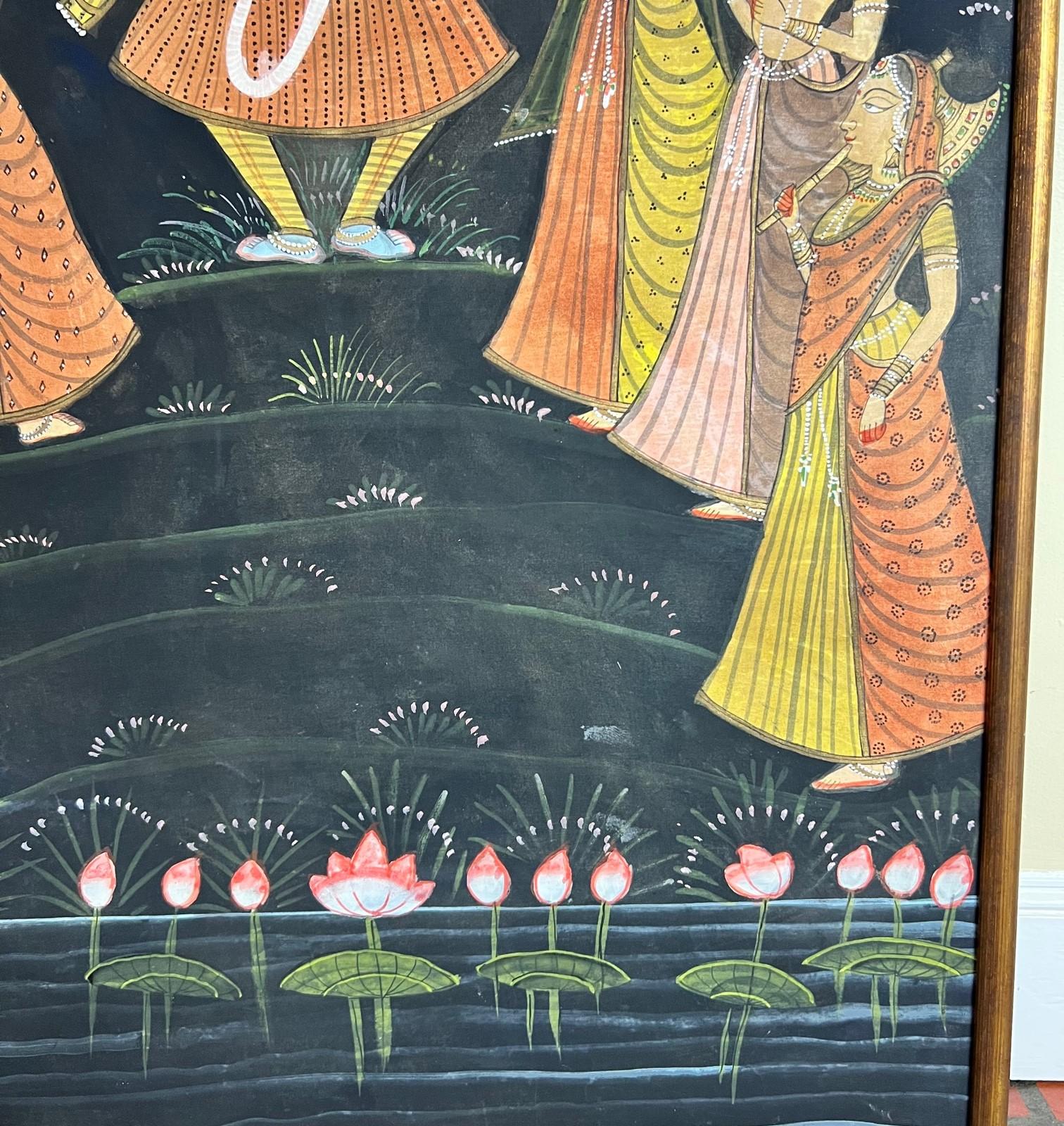 Large Vintage Framed Pichhavai Painting of Krishna Playing His Flute For Sale 1