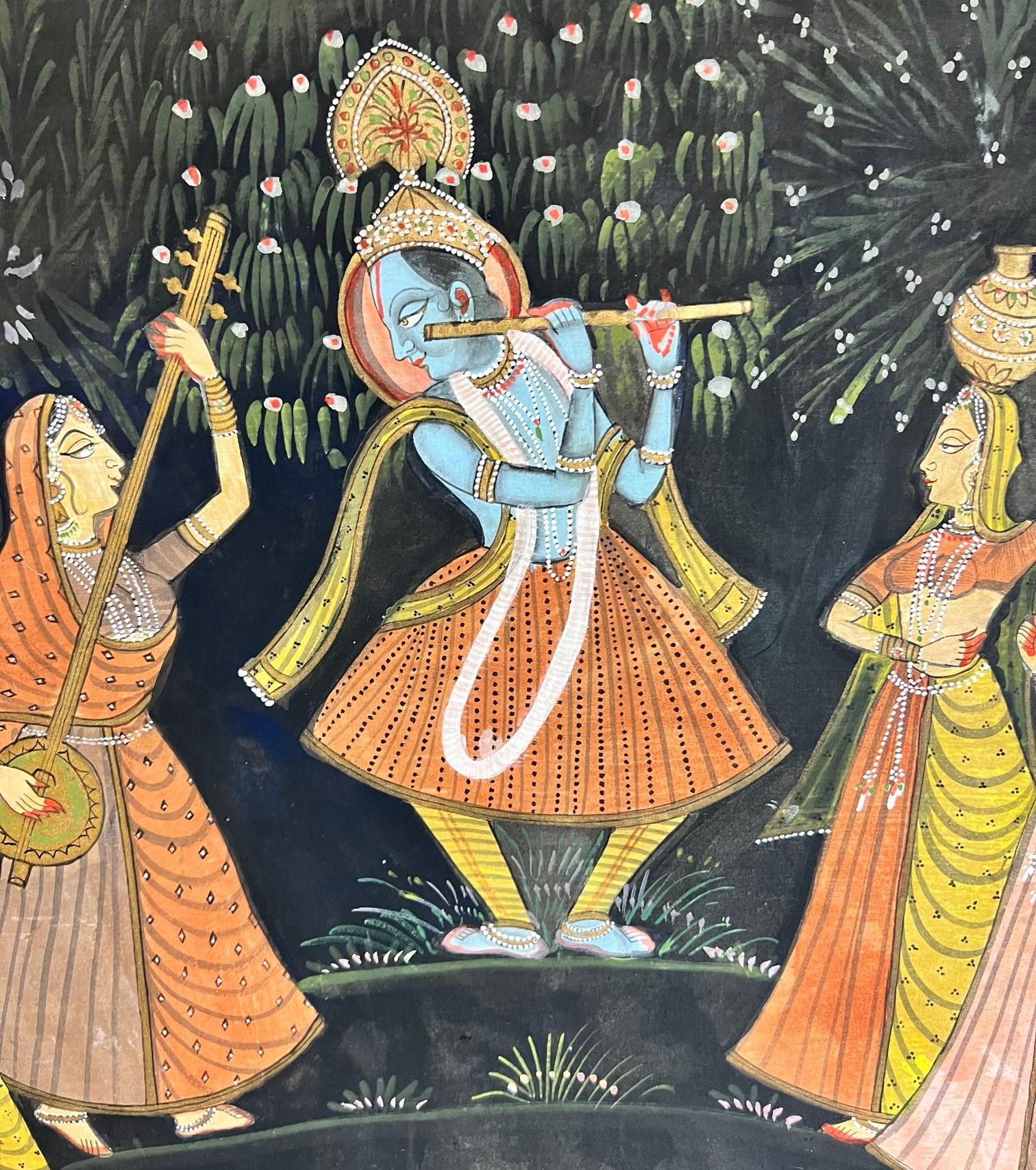 Vintage Pichhavai painting on fabric of Krishna playing is flute with Radha and female Gopis gathered by his side. The colors, details and facial expressions on the figures depicted in this painting are quite arresting. 

Pichhavai is a style of