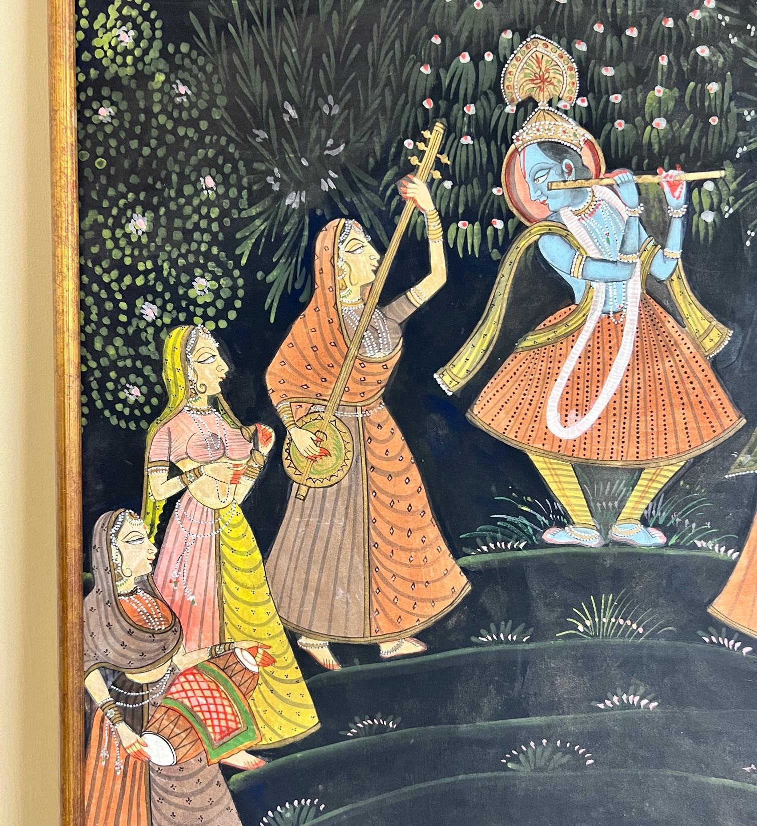Großes gerahmtes Pichhavai-Gemälde von Krishna, der mit seiner Flöte spielt (Volkskunst) im Angebot