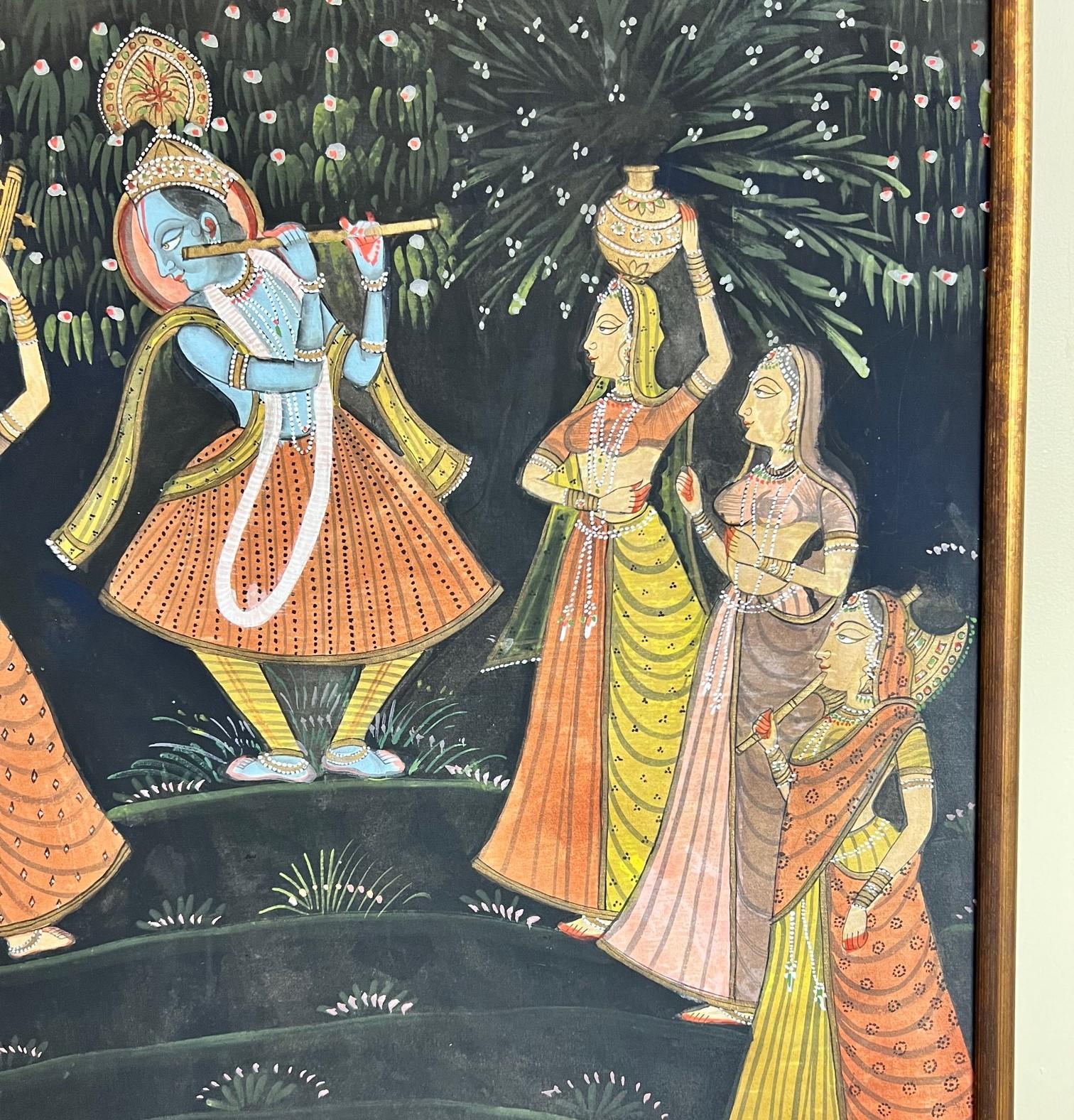Folk Art Large Vintage Framed Pichhavai Painting of Krishna Playing His Flute For Sale