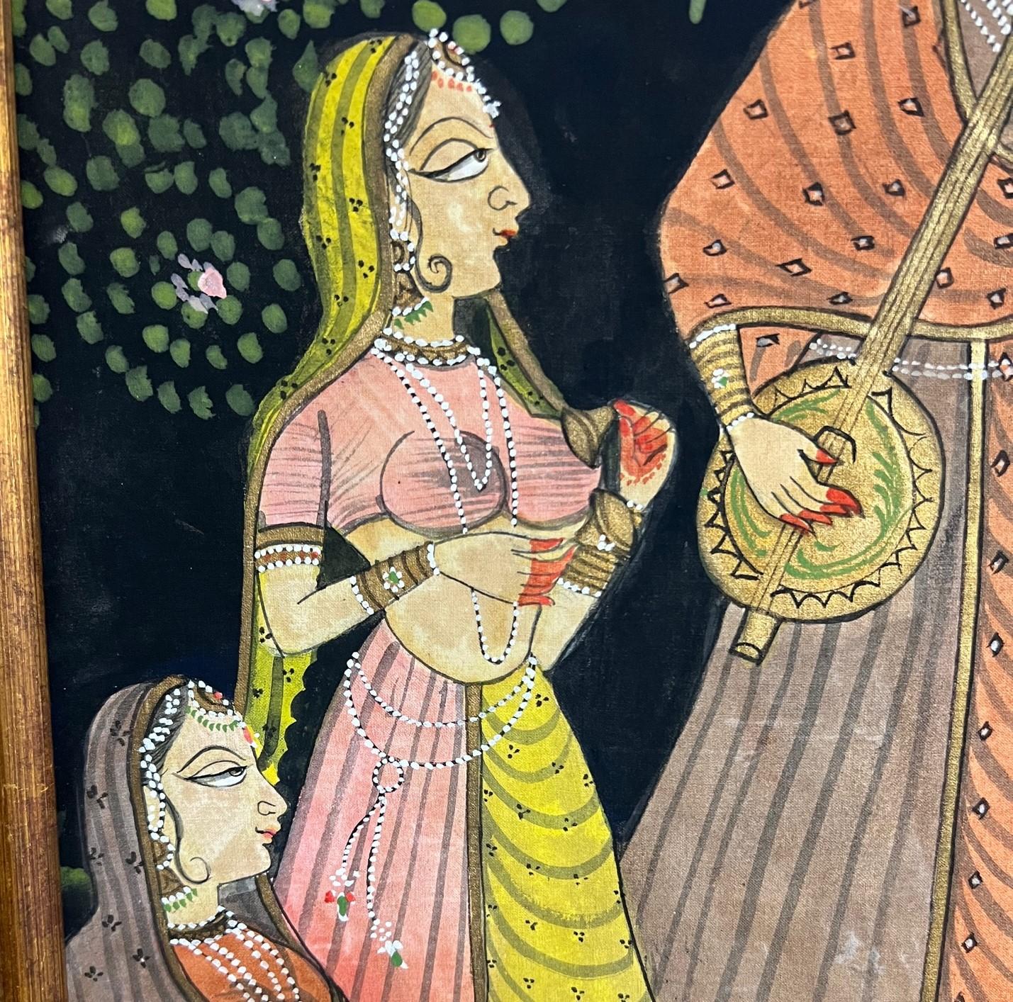 Großes gerahmtes Pichhavai-Gemälde von Krishna, der mit seiner Flöte spielt (Handbemalt) im Angebot