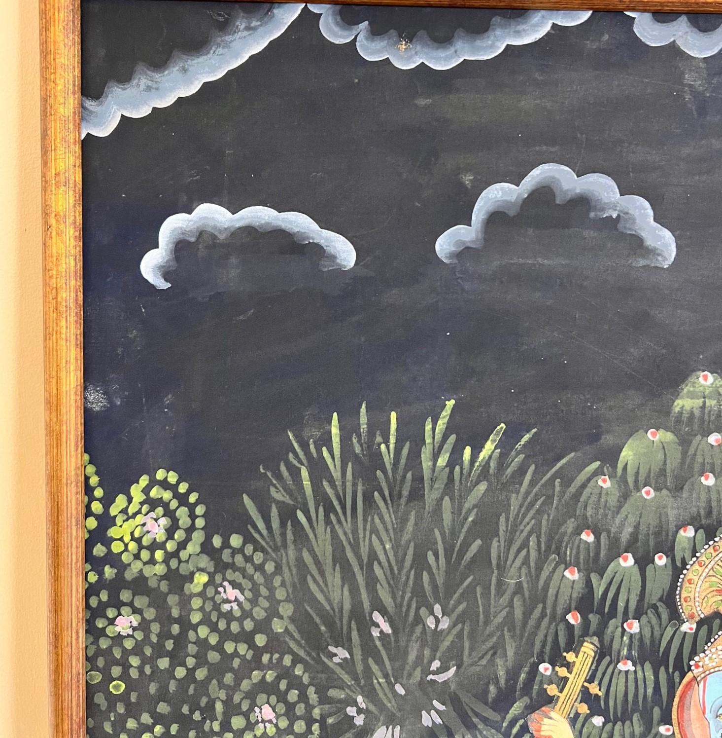 Großes gerahmtes Pichhavai-Gemälde von Krishna, der mit seiner Flöte spielt (Ende des 20. Jahrhunderts) im Angebot