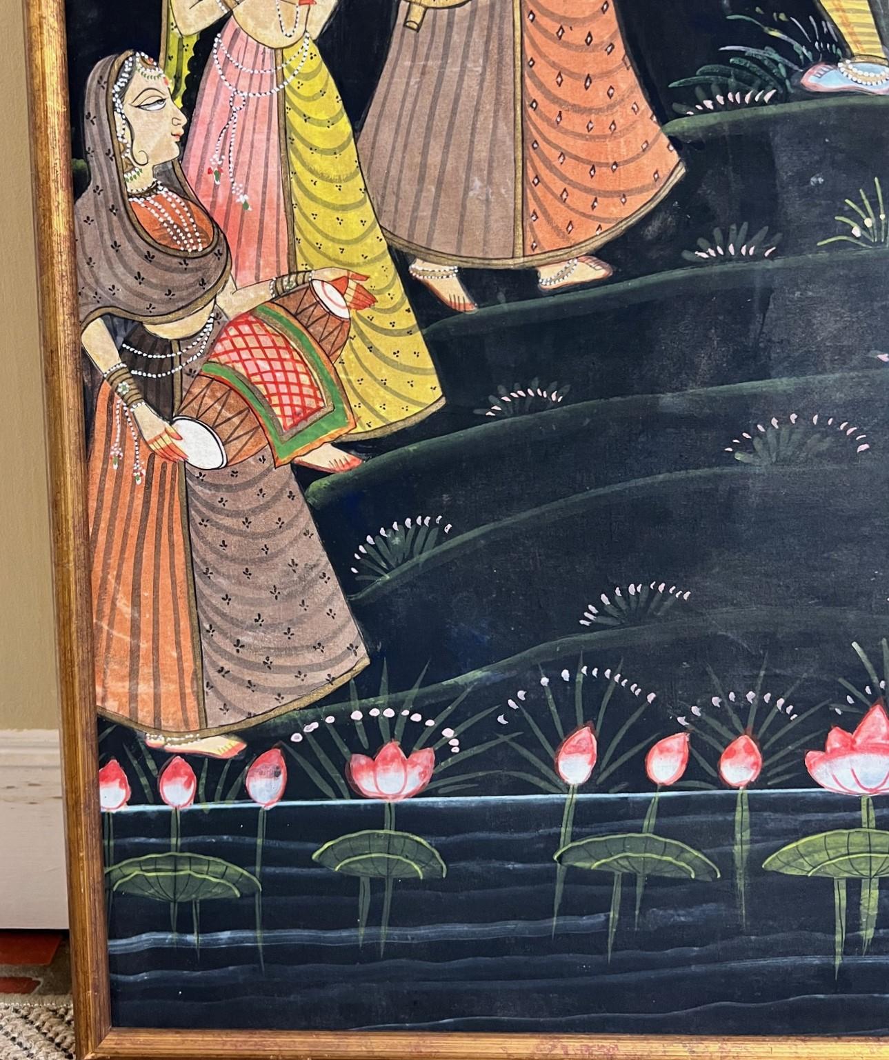 Fabric Large Vintage Framed Pichhavai Painting of Krishna Playing His Flute For Sale