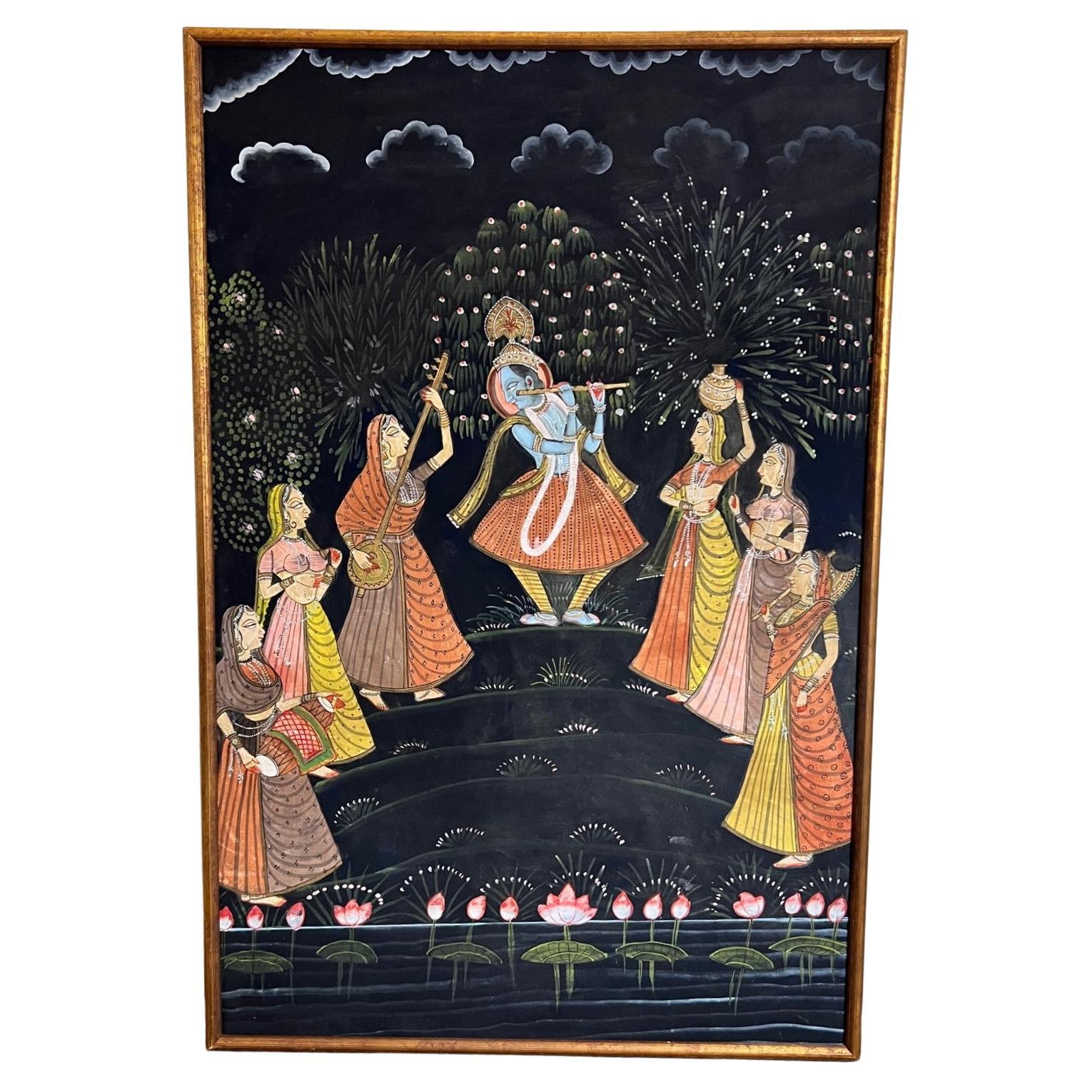 Large Vintage Framed Pichhavai Painting of Krishna Playing His Flute