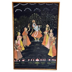 Large Vintage Framed Pichhavai Painting of Krishna Playing His Flute