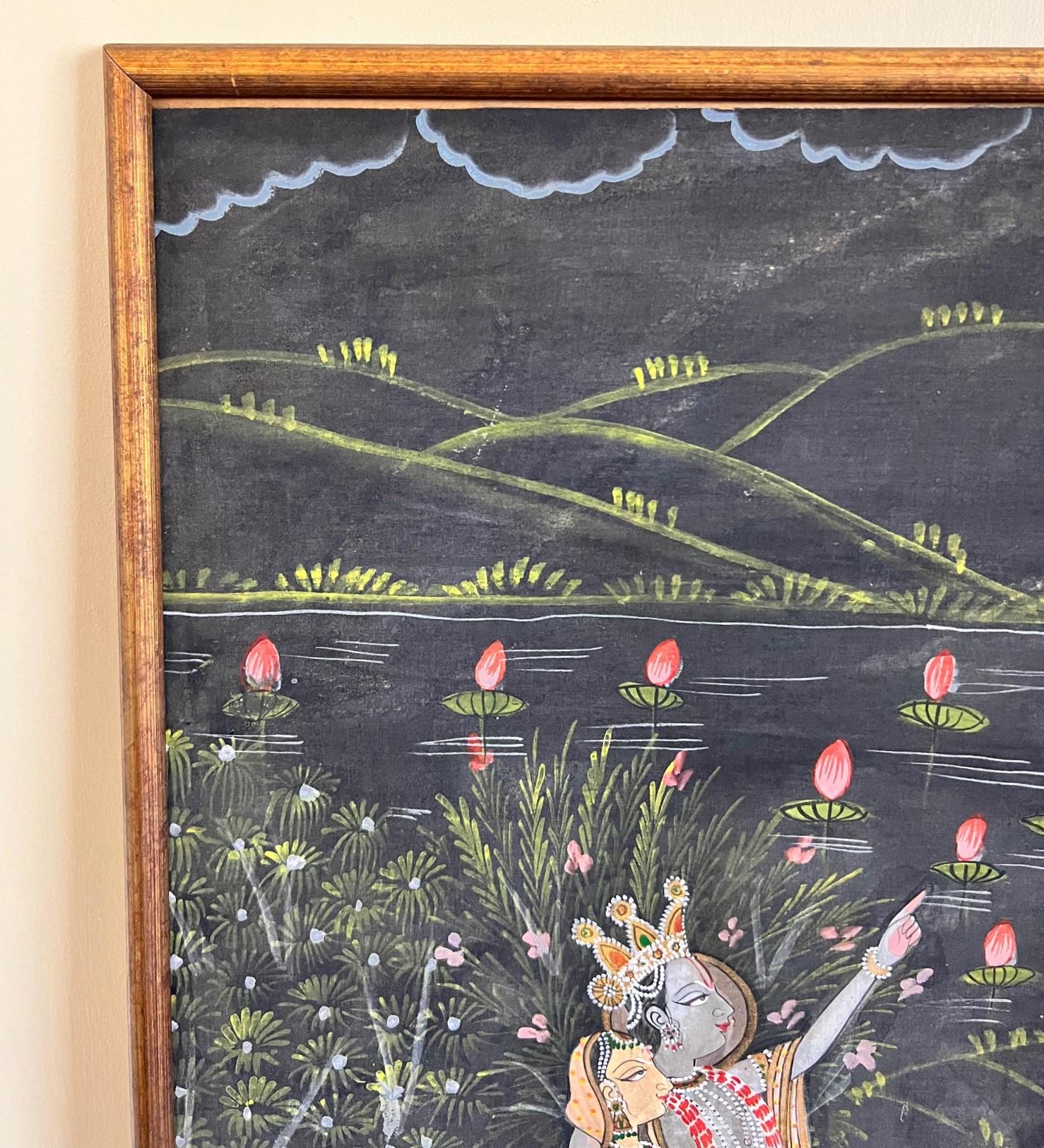 Folk Art Large Vintage Framed Pichhavai Painting of Krishna, Radha and Gopis by Moonlight