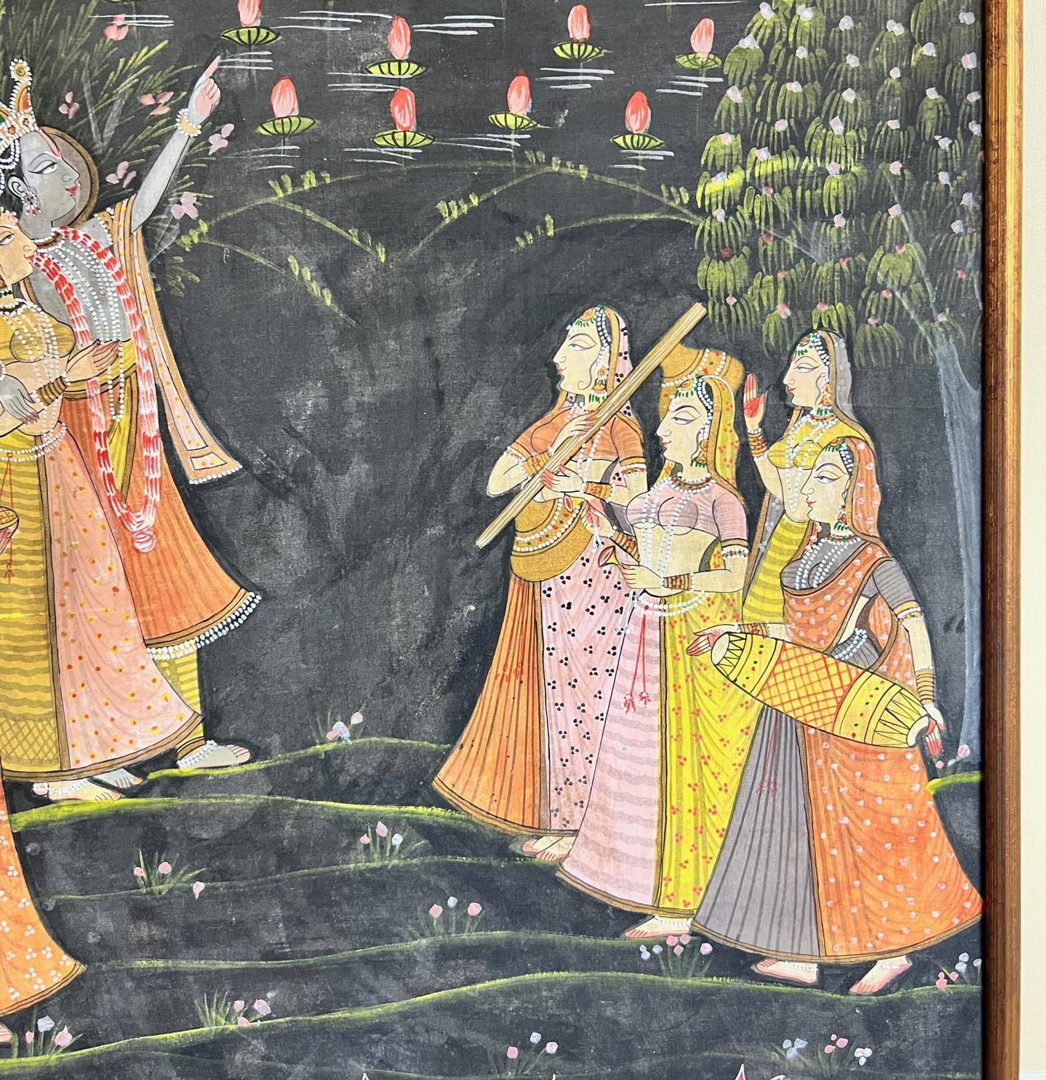Indian Large Vintage Framed Pichhavai Painting of Krishna, Radha and Gopis by Moonlight For Sale