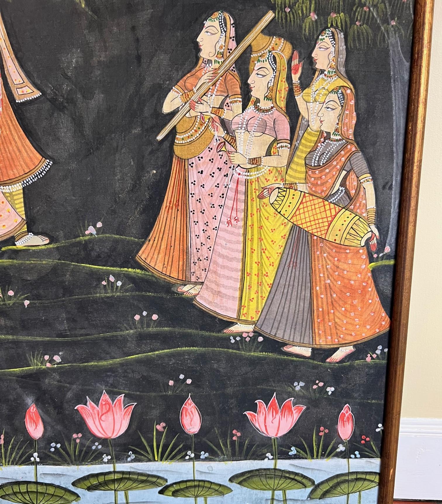 Hand-Painted Large Vintage Framed Pichhavai Painting of Krishna, Radha and Gopis by Moonlight For Sale
