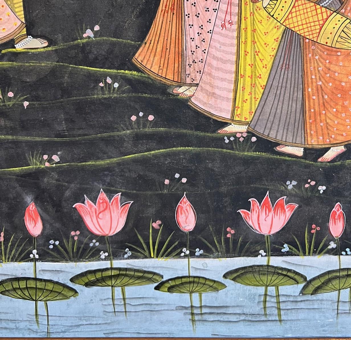 Large Vintage Framed Pichhavai Painting of Krishna, Radha and Gopis by Moonlight In Good Condition For Sale In Morristown, NJ