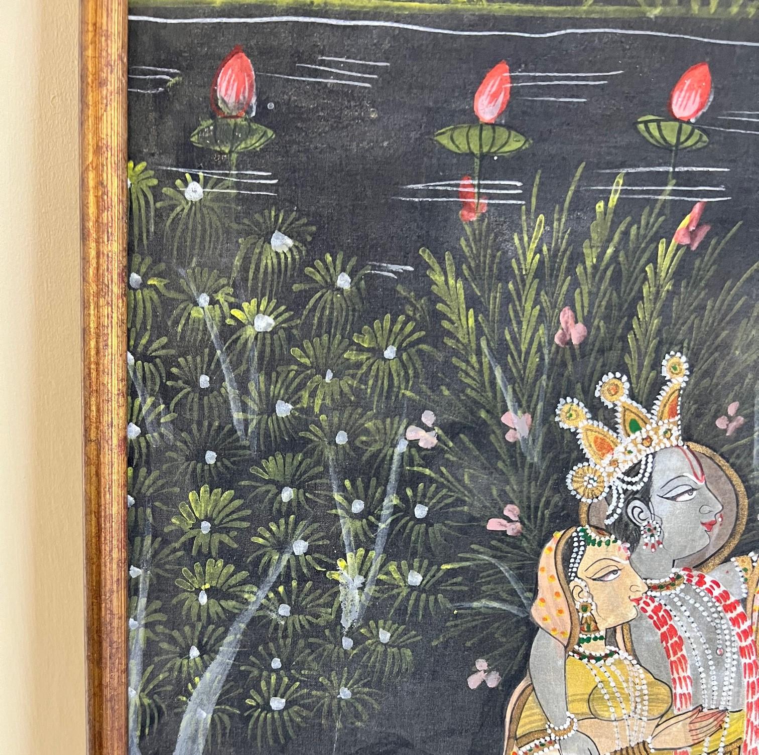 Late 20th Century Large Vintage Framed Pichhavai Painting of Krishna, Radha and Gopis by Moonlight For Sale