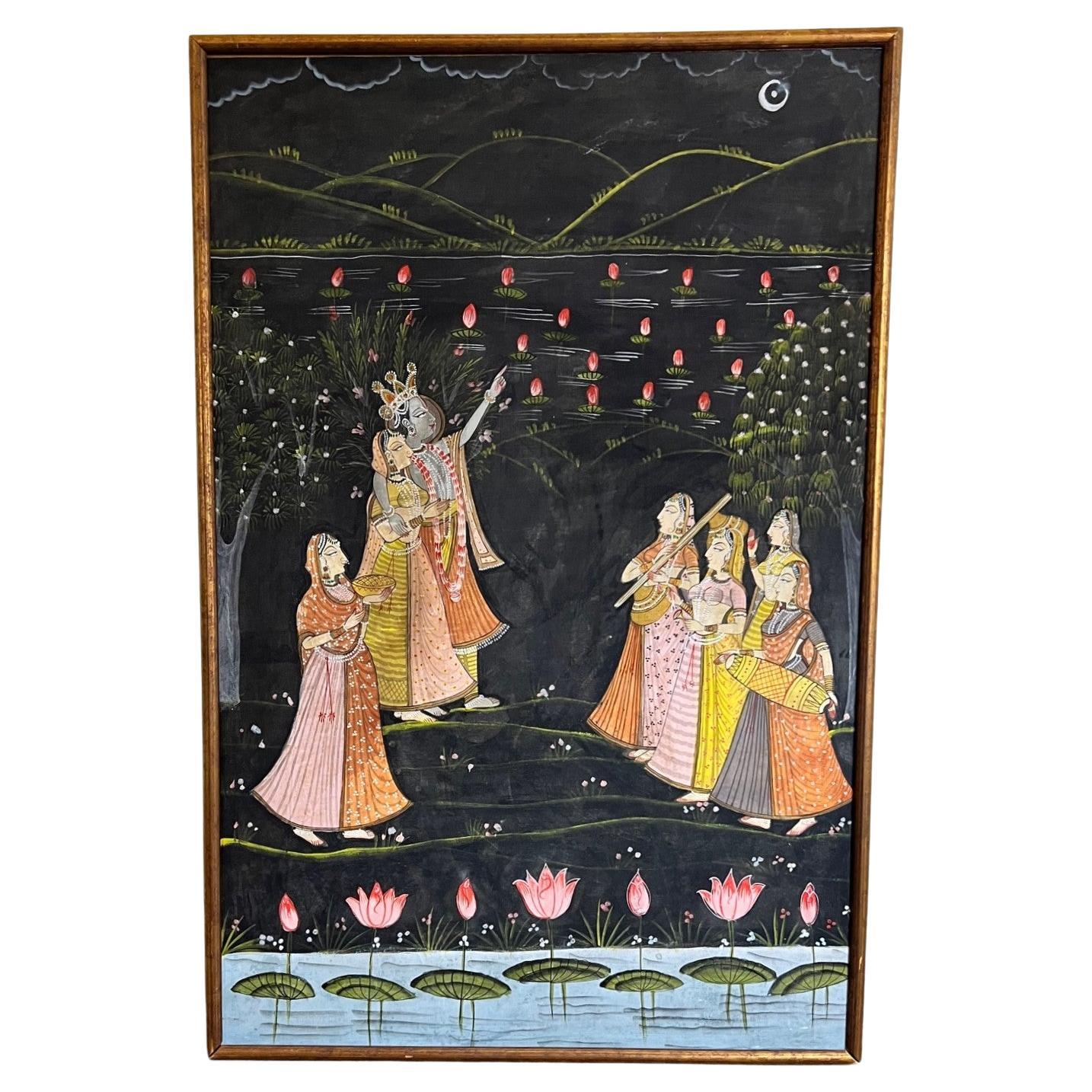 Large Vintage Framed Pichhavai Painting of Krishna, Radha and Gopis by Moonlight