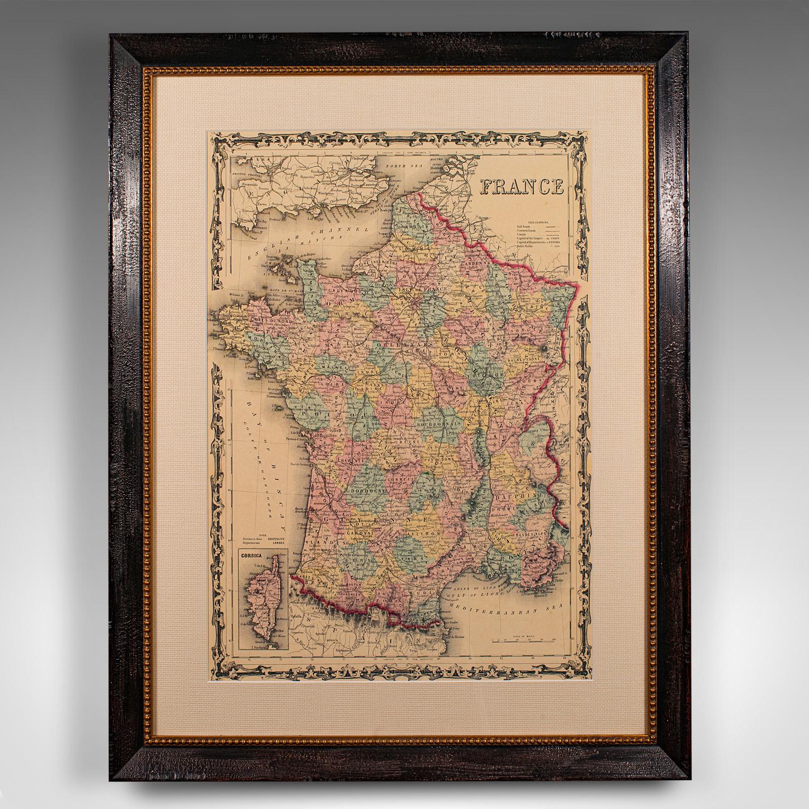 This is a large vintage map of France. A Continental, framed example of historical cartography, dating to the late 20th century, circa 1970.

Fascinating map of France and the island of Corsica
Displays a desirable aged patina throughout
Ebonised