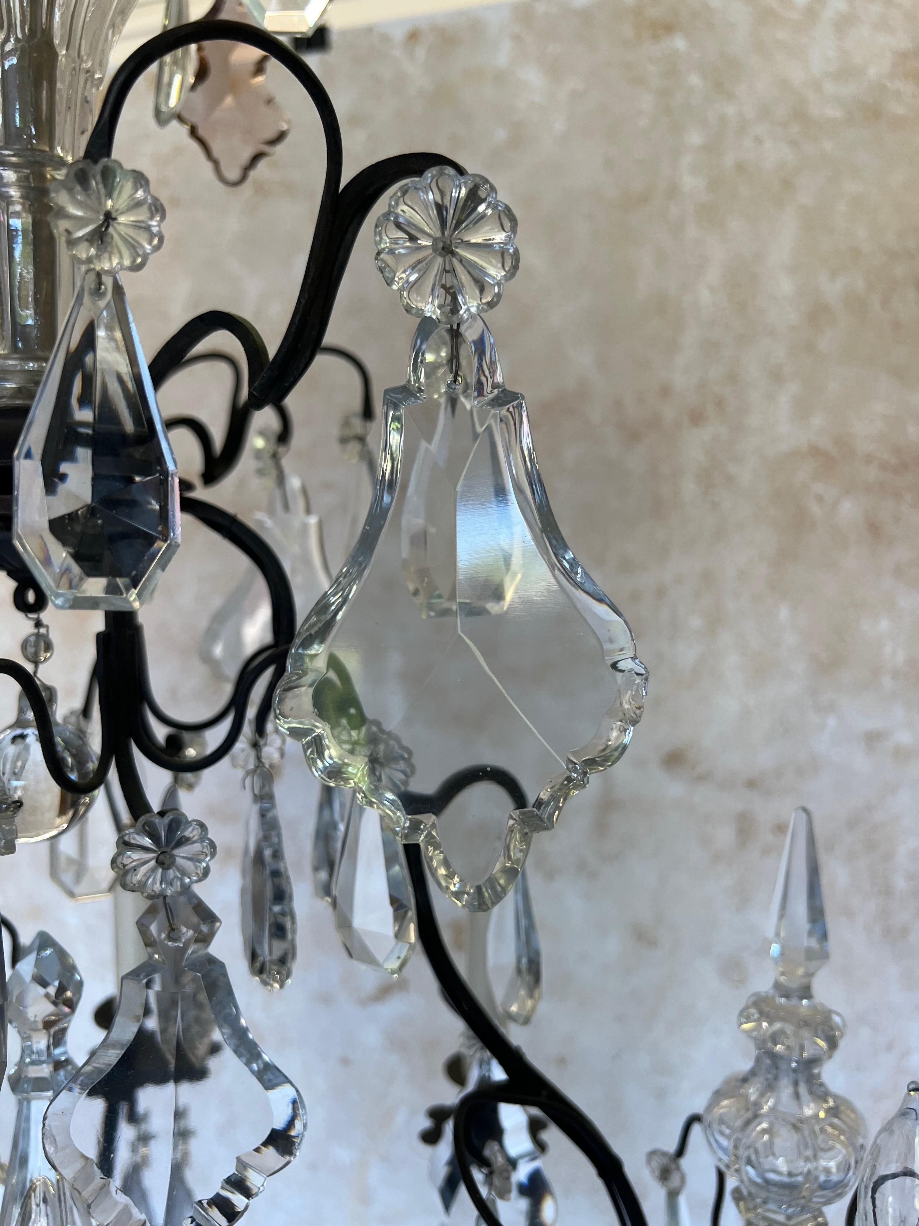 Gran araña de cristal francesa vintage de los años 20 con seis luces principios del siglo XX en venta