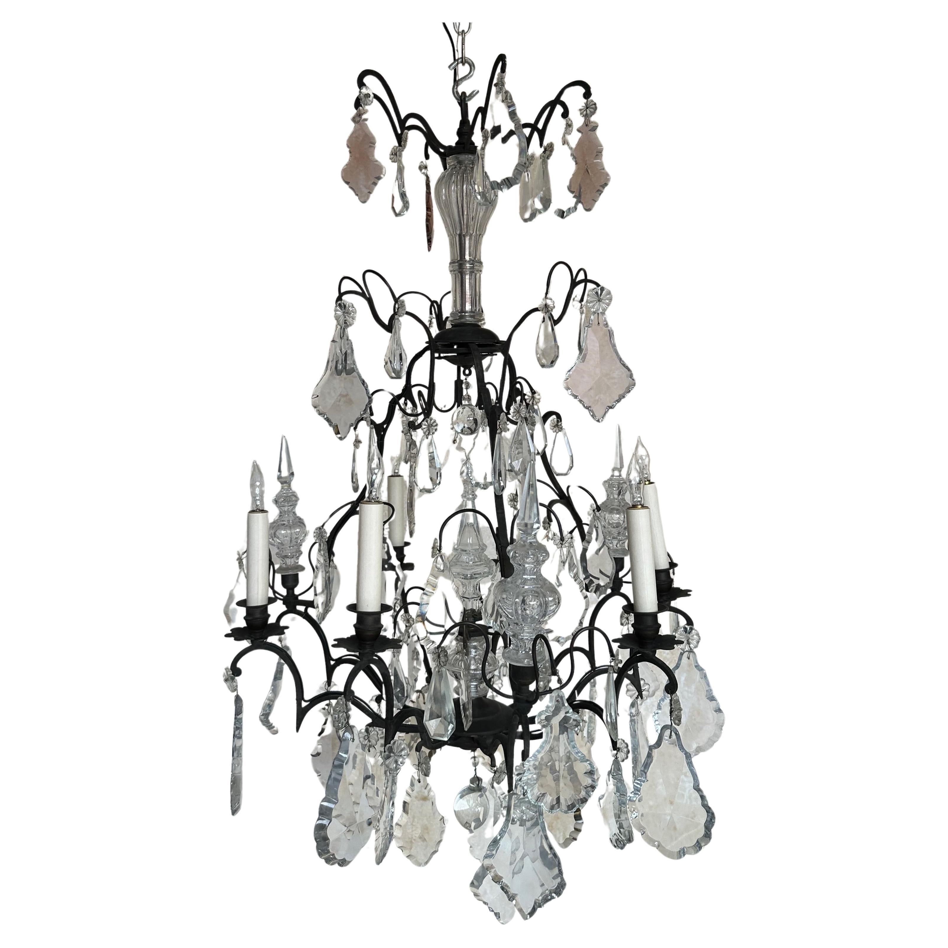 Grande lampadario di cristallo vintage francese degli anni
20 a sei luci