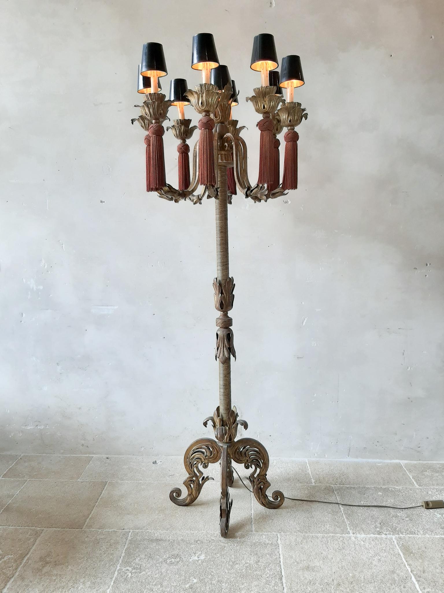 Large Vintage French Antique Design Chandelier Floor Lamp Gold, Red and Black 4