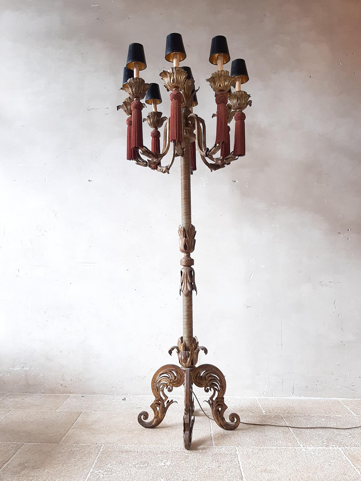 Large Vintage French Antique Design Chandelier Floor Lamp Gold, Red and Black 5