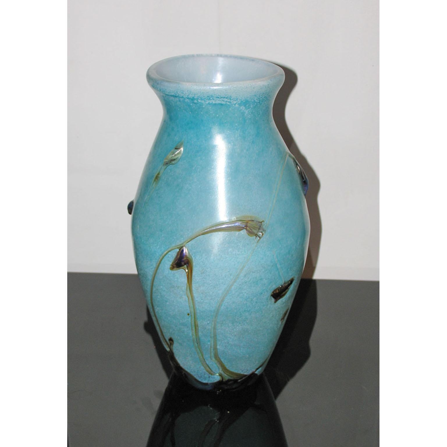 Late 20th Century Large Vintage French Art Glass Vase, Baby Blue and Brown, Aqua Decor For Sale