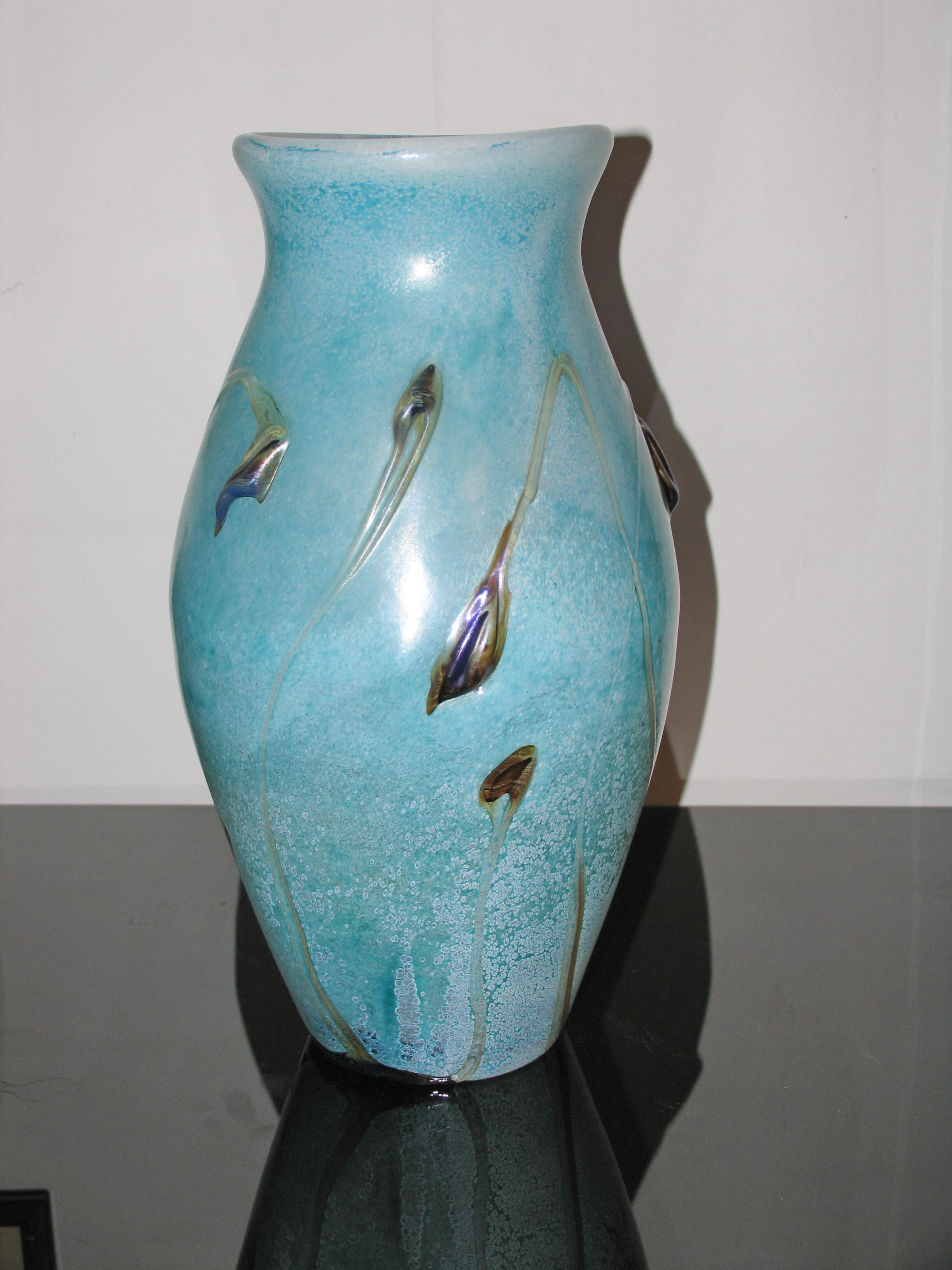 Large Vintage French Art Glass Vase, Baby Blue and Brown, Aqua Decor For Sale 1