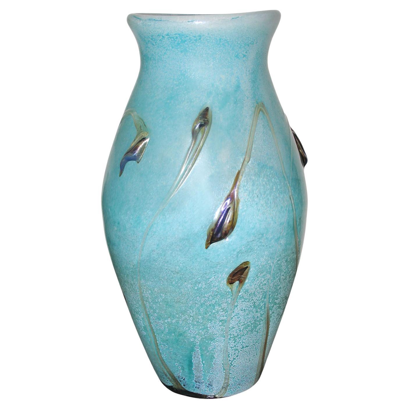 Large Vintage French Art Glass Vase, Baby Blue and Brown, Aqua Decor For Sale