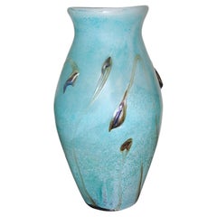 Large Vintage French Art Glass Vase, Baby Blue and Brown, Aqua Decor