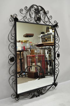 Large Vintage French Art Nouveau Style Black Wrought Iron Console Wall Mirror