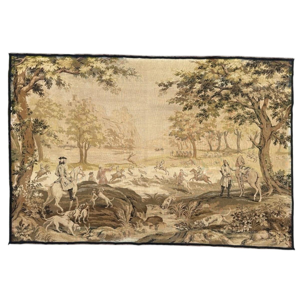 Großer französischer Jacquard-Wandteppich im Aubusson-Stil aus der Vintage-Zeit „Jagd mit Hunden“