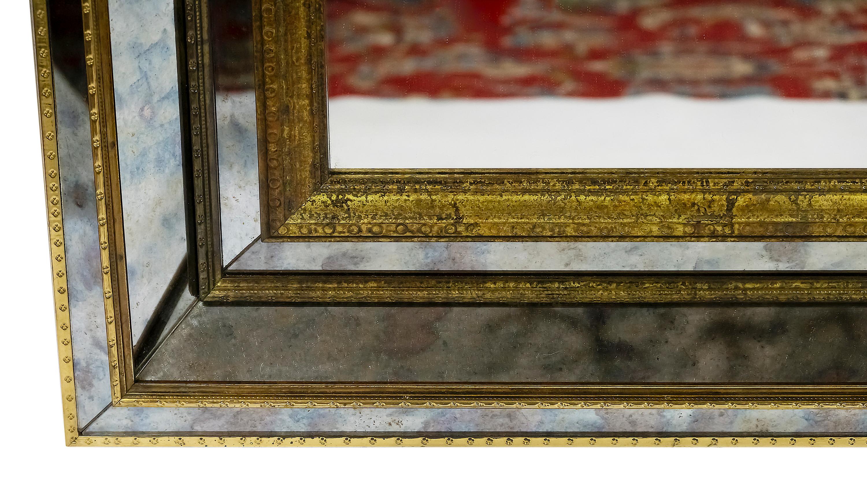 Large Vintage French Brass on Wood Wall Mirror In Good Condition For Sale In Vilnius, LT