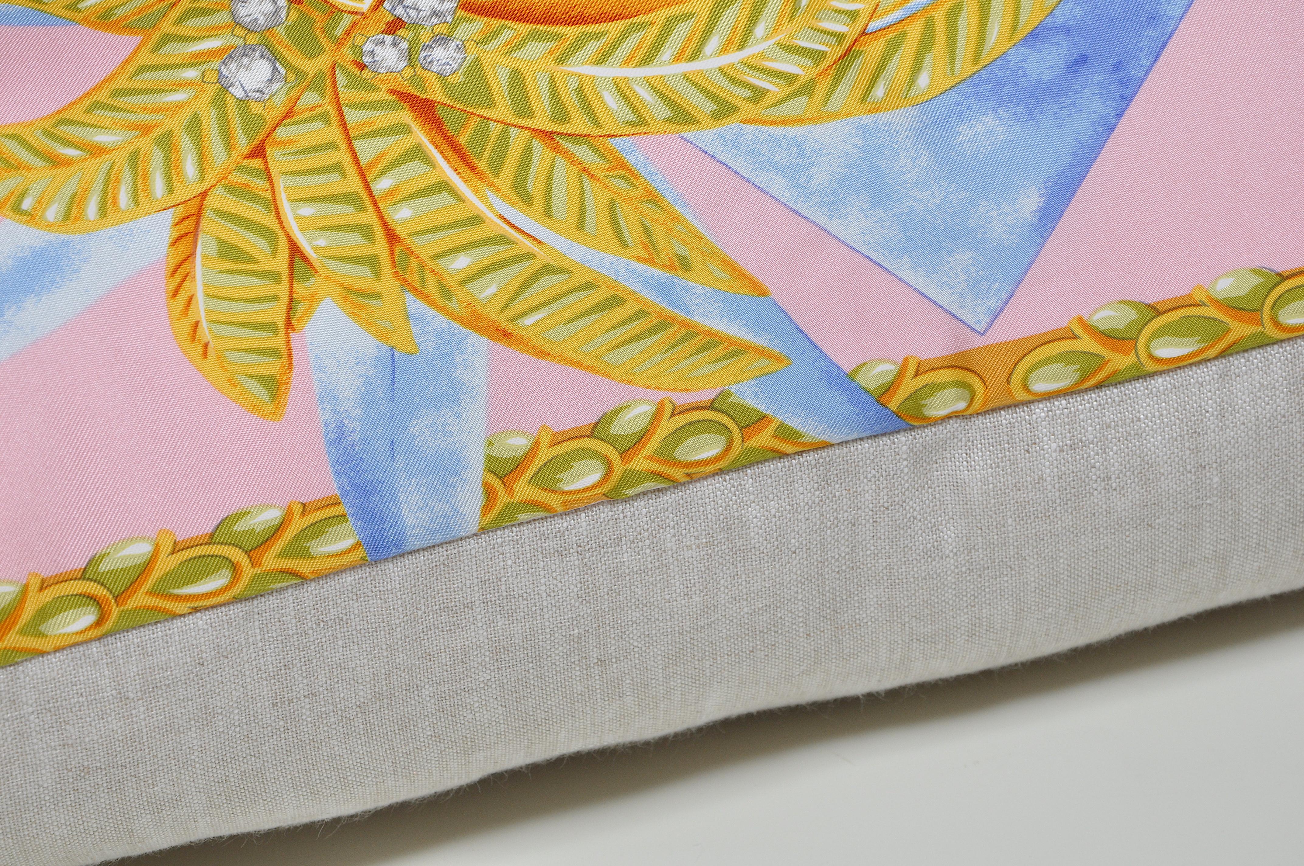 Large Vintage French Cartier Tropical Rare Silk Scarf Pink Irish Linen Pillow 4