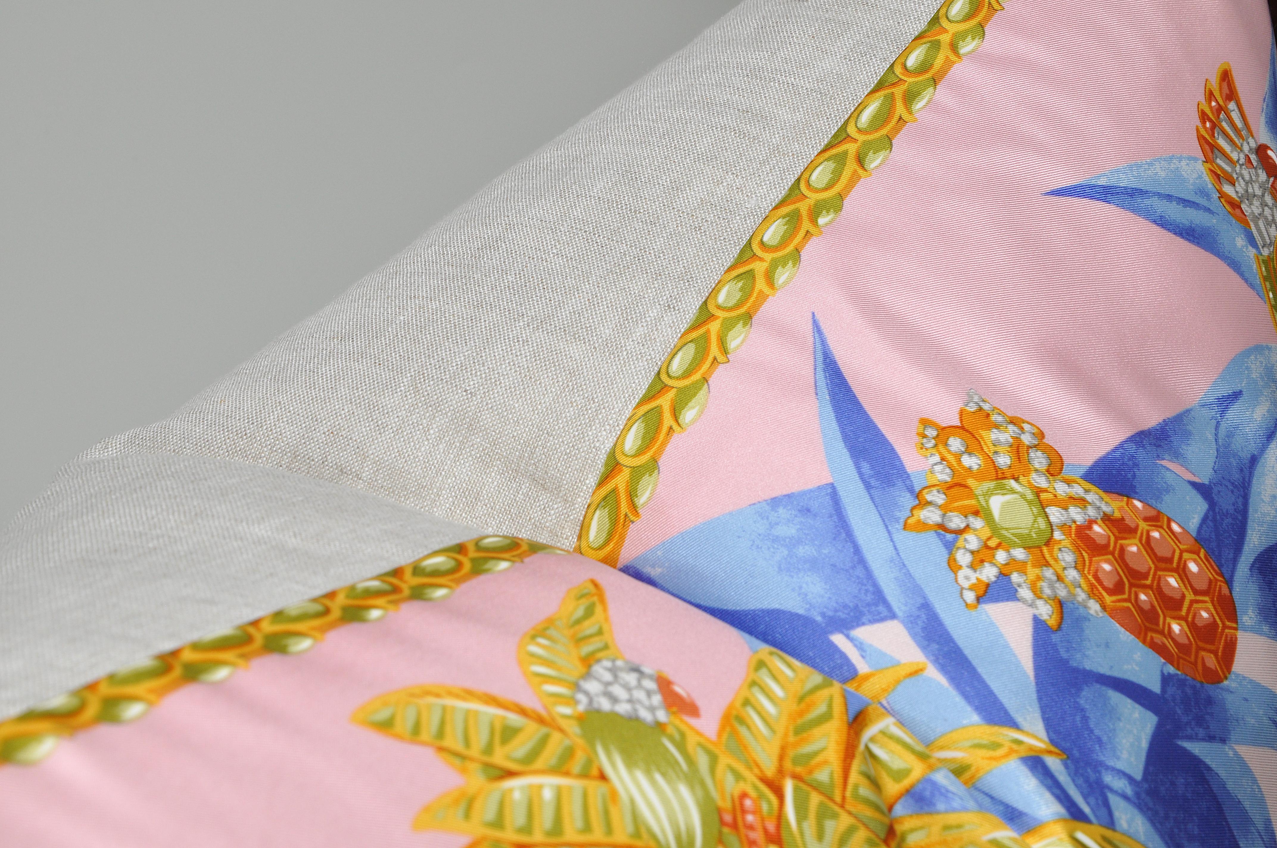 Large Vintage French Cartier Tropical Rare Silk Scarf Pink Irish Linen Pillow For Sale 5