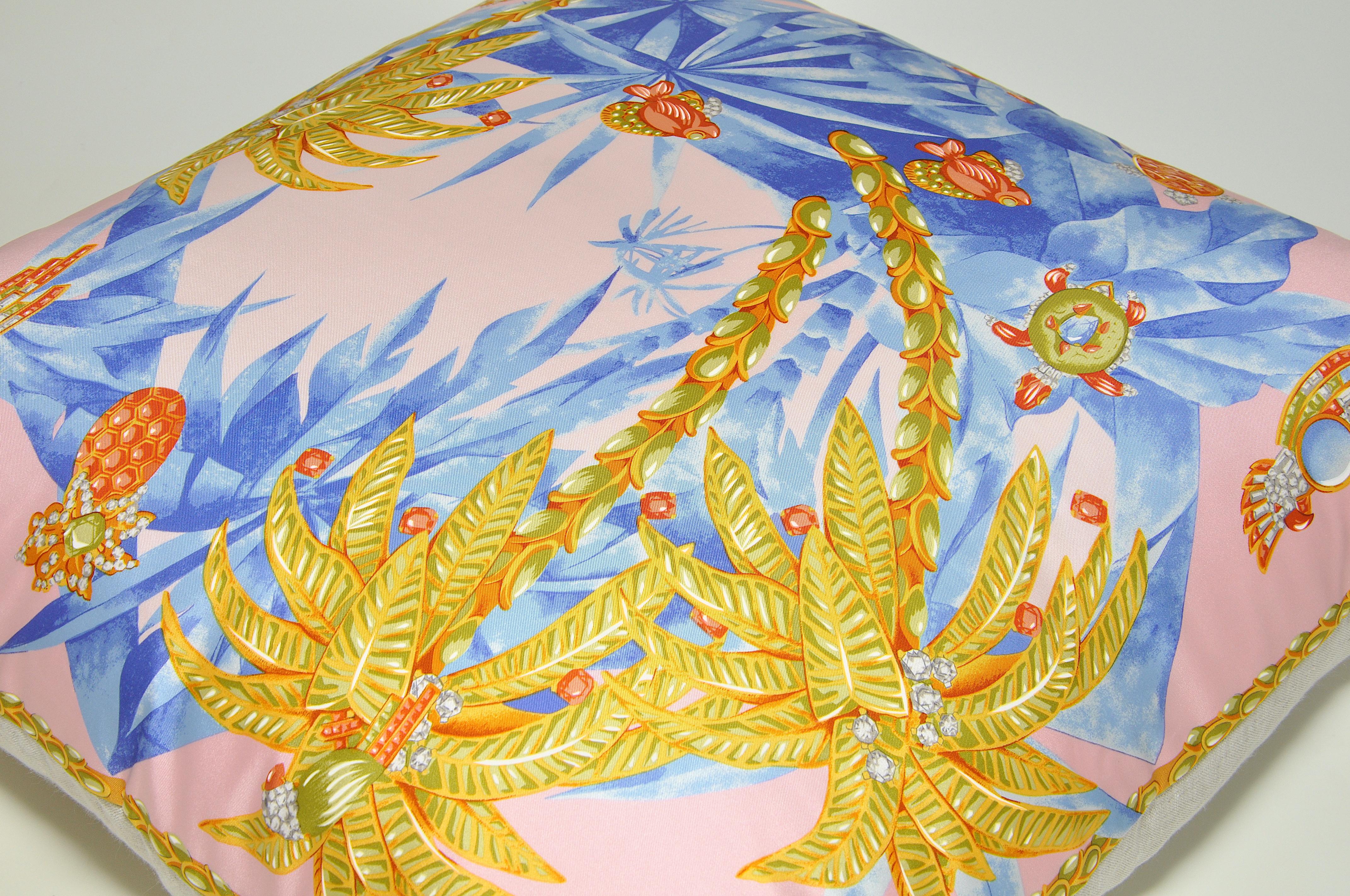 Art Deco Large Vintage French Cartier Tropical Rare Silk Scarf Pink Irish Linen Pillow For Sale