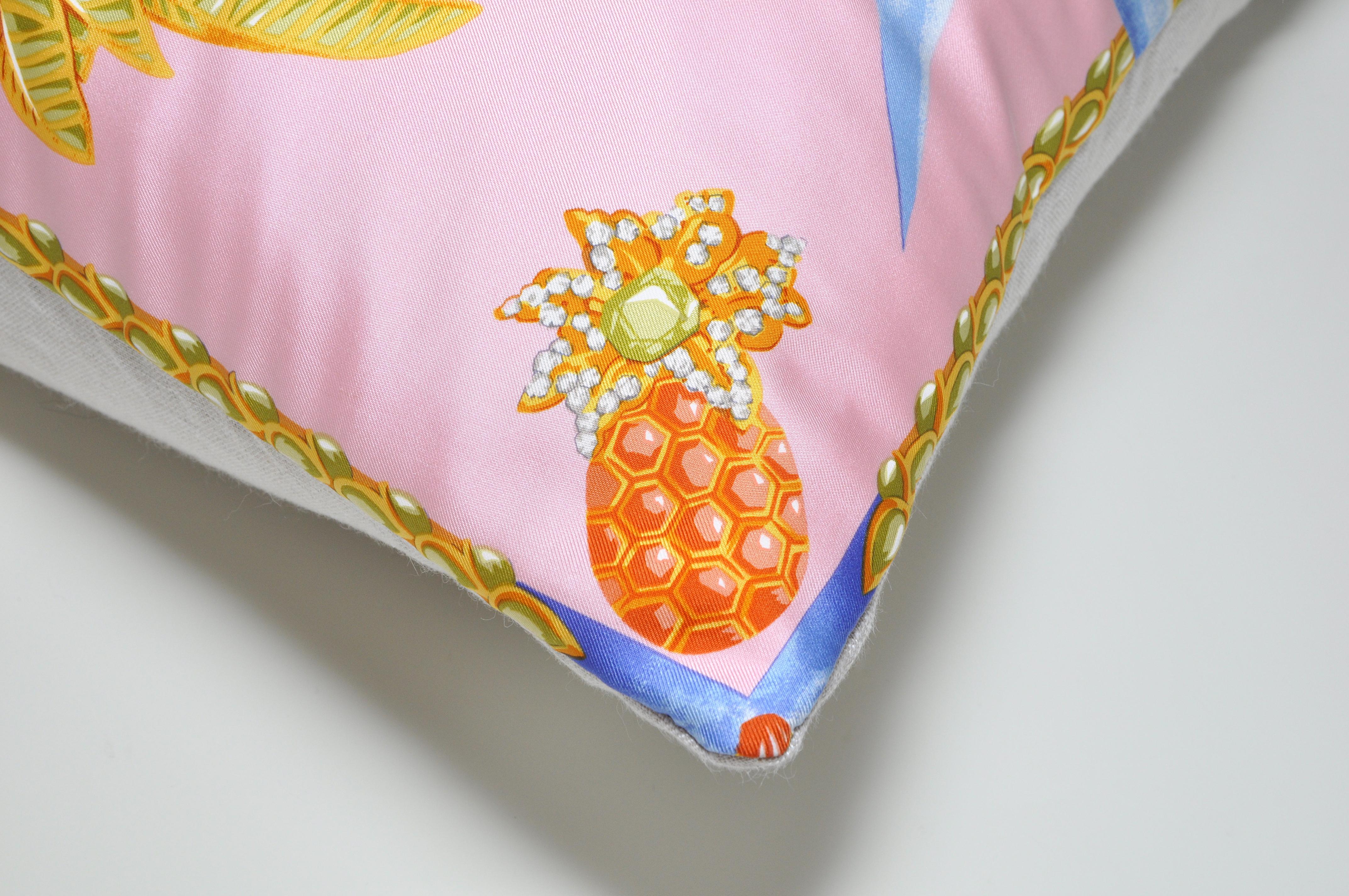 Hand-Crafted Large Vintage French Cartier Tropical Rare Silk Scarf Pink Irish Linen Pillow