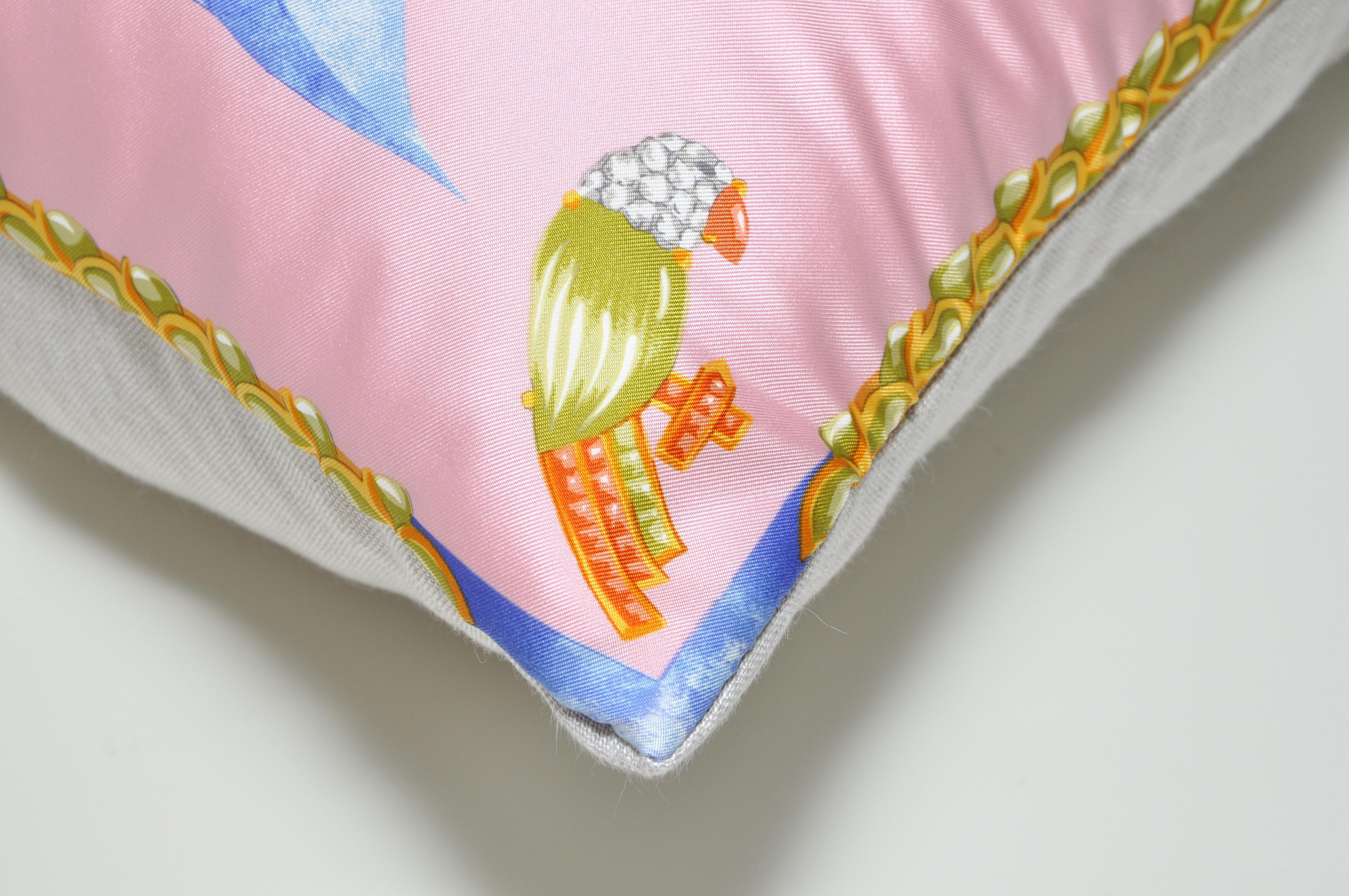 20th Century Large Vintage French Cartier Tropical Rare Silk Scarf Pink Irish Linen Pillow