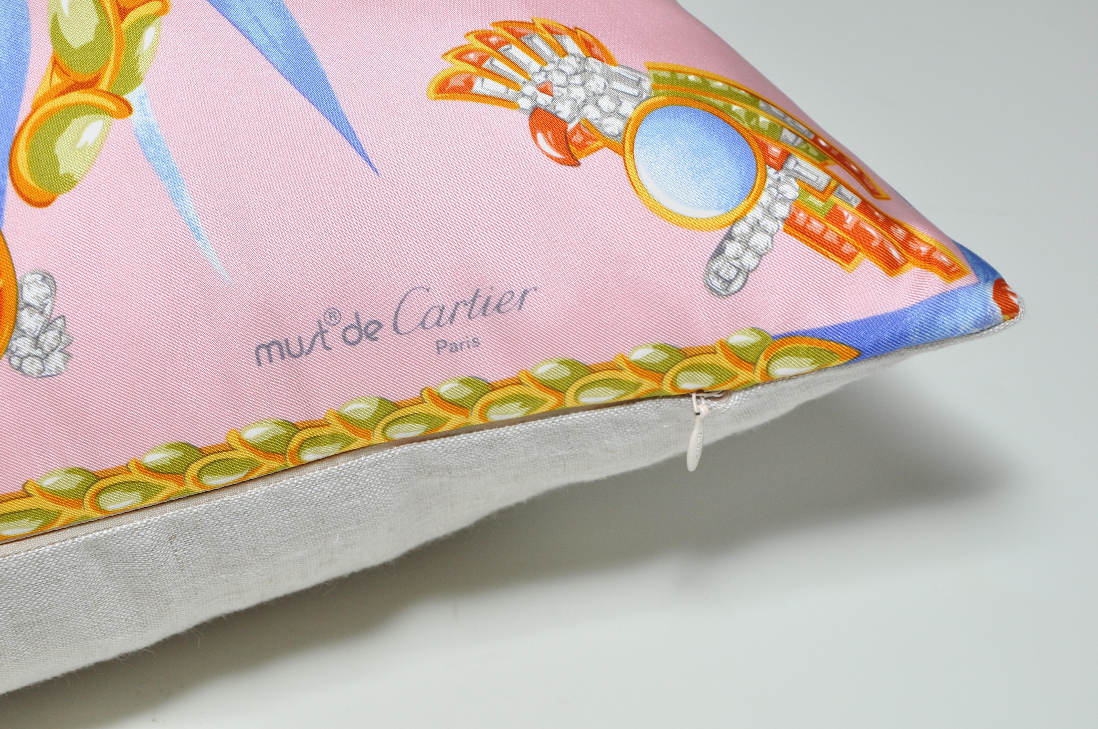 Large Vintage French Cartier Tropical Rare Silk Scarf Pink Irish Linen Pillow 2