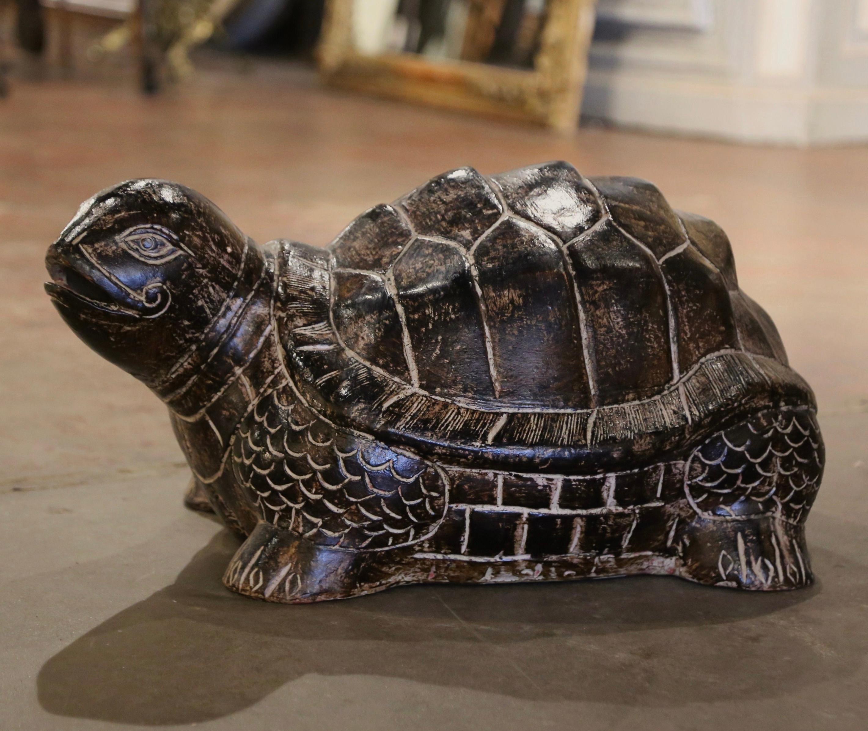 Decorate a garden or backyard with this vintage tortoise. Purchased in France and made of terracotta, the large 