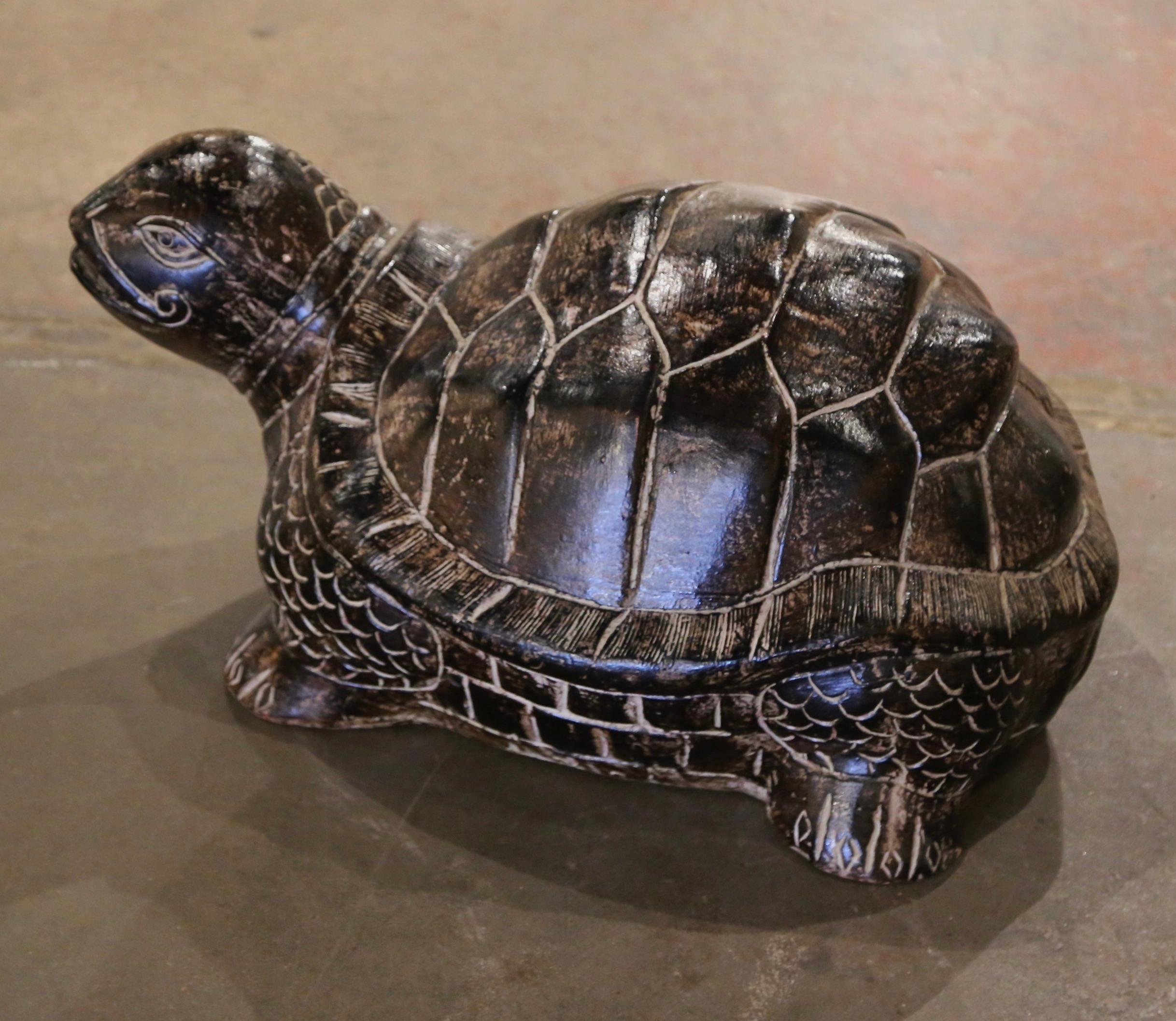 Hand-Carved Large Vintage French Carved and Painted Terracotta Tortoise For Sale