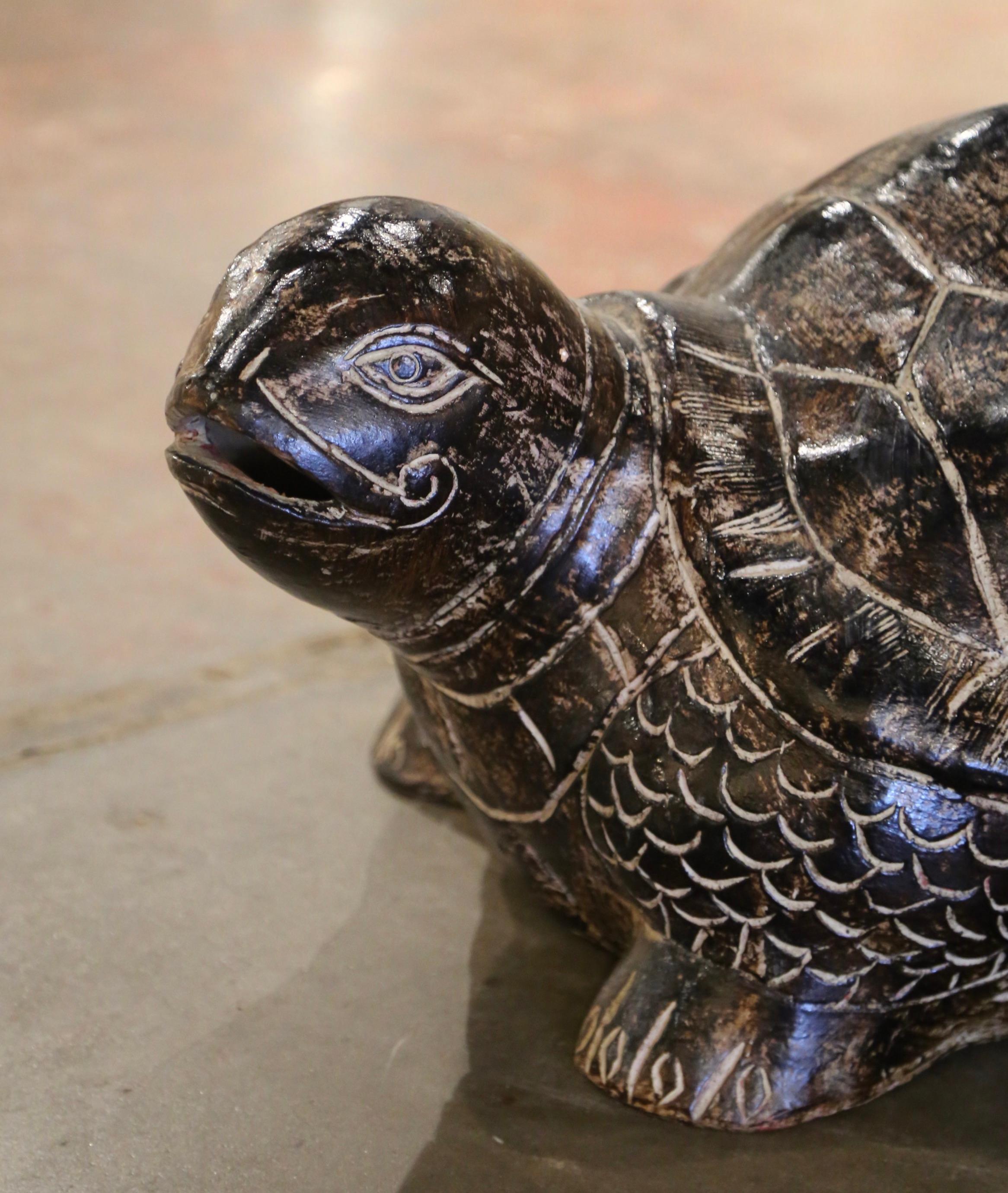 Large Vintage French Carved and Painted Terracotta Tortoise In Excellent Condition For Sale In Dallas, TX