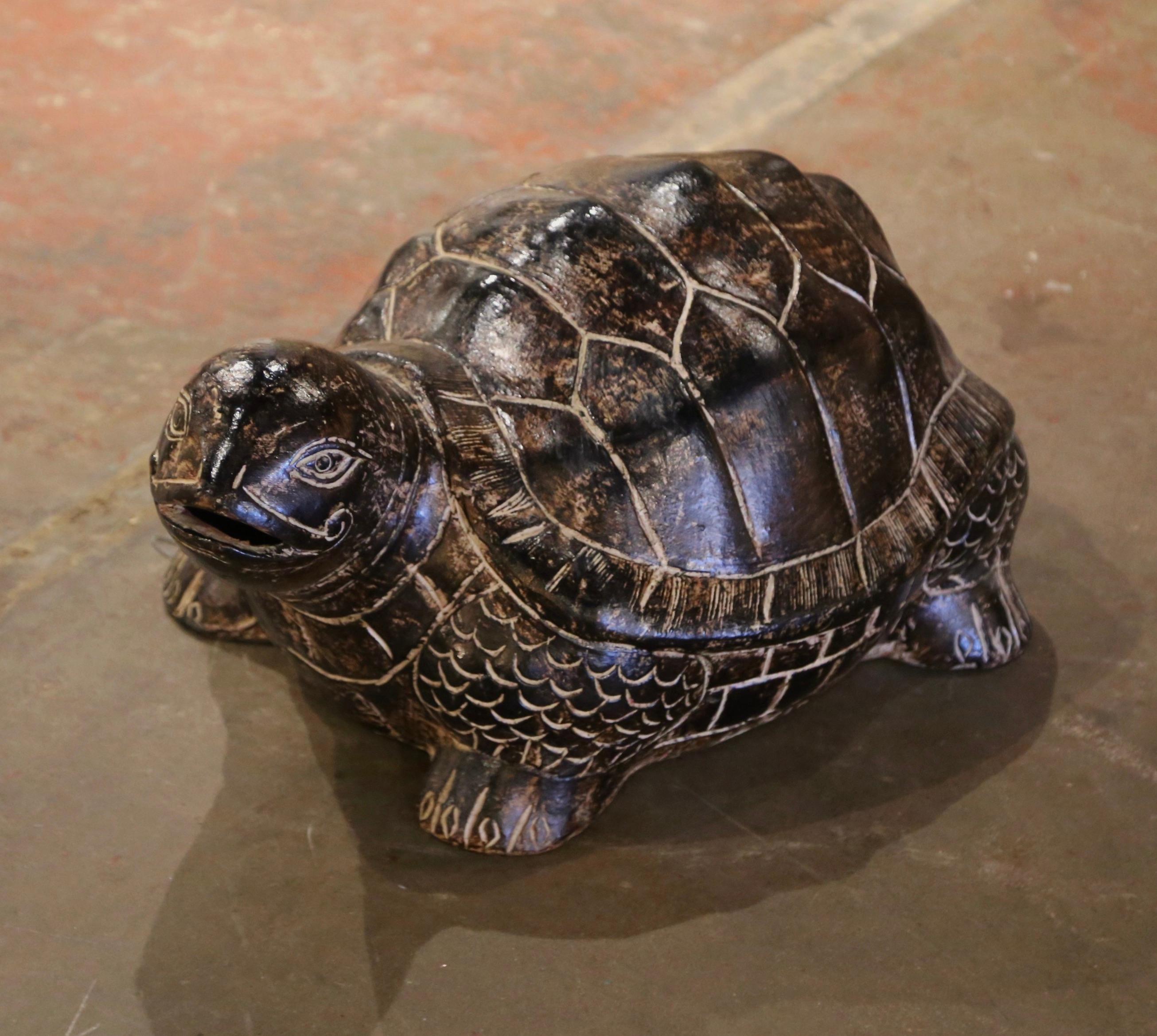 Contemporary Large Vintage French Carved and Painted Terracotta Tortoise For Sale