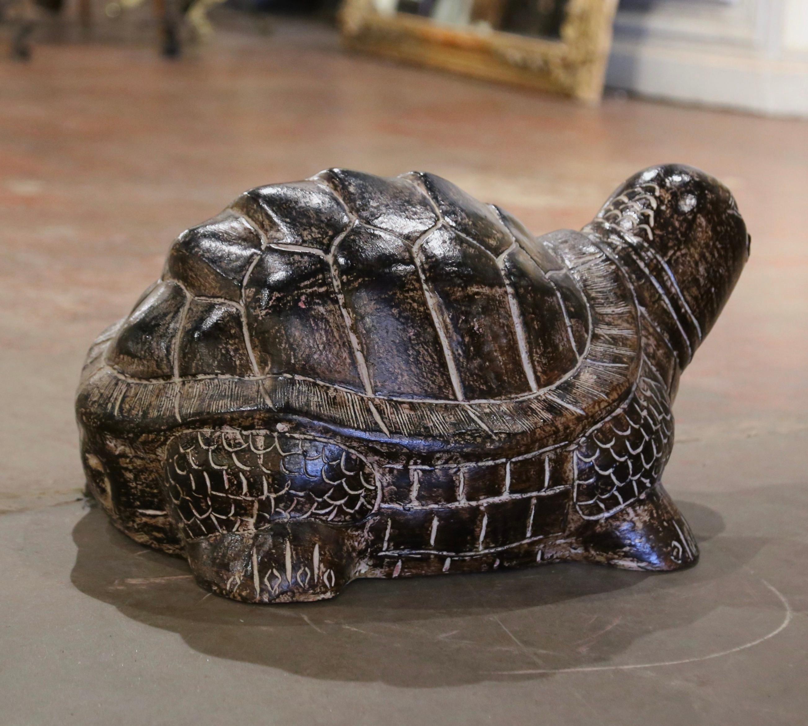 Large Vintage French Carved and Painted Terracotta Tortoise For Sale 1