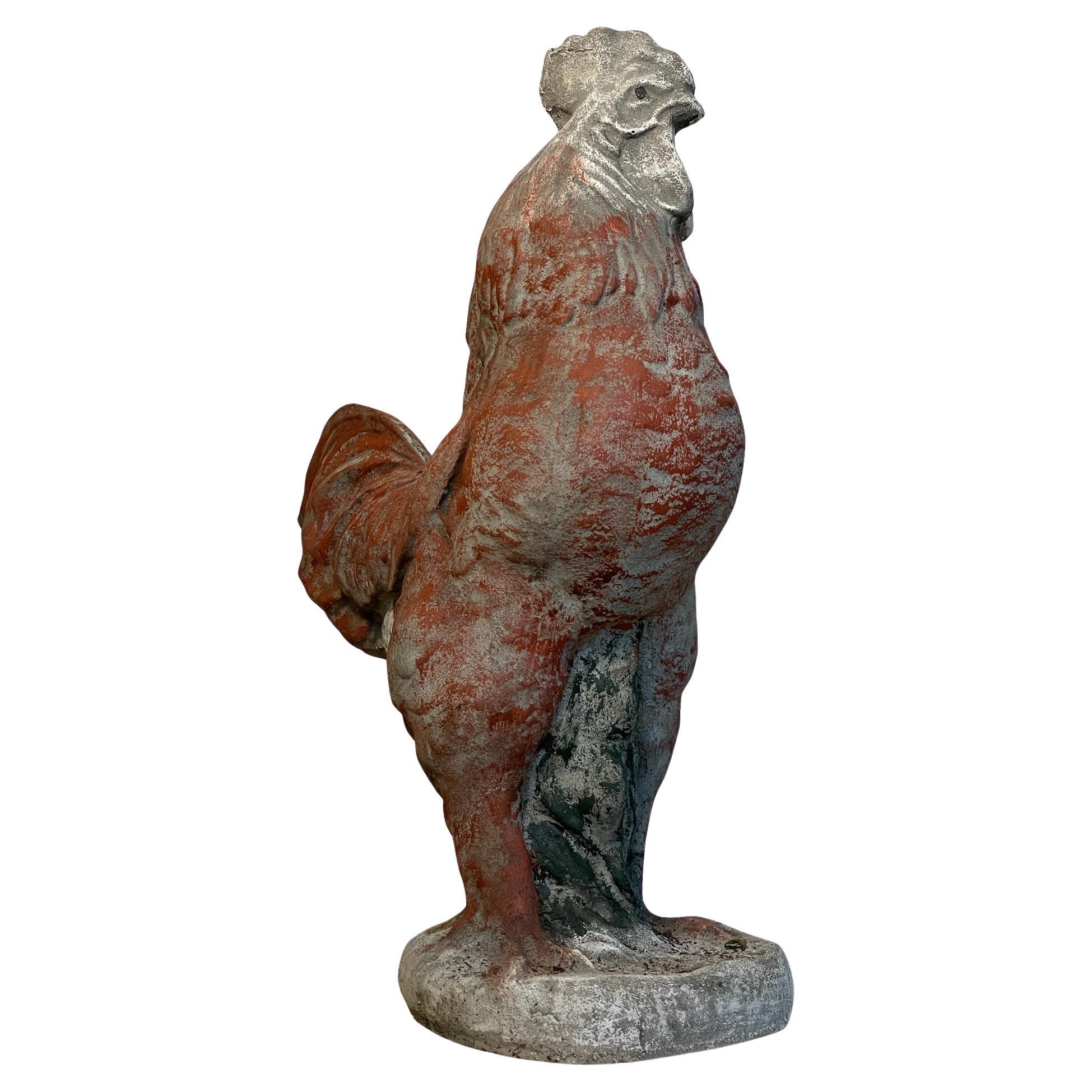 Grande scultura da giardino di gallo francese in cemento vintage con patina invecchiata