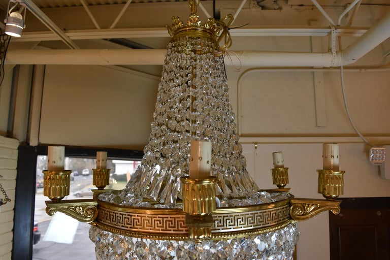 Large Vintage French Crystal and Bronze Greek Key Chandelier at 1stDibs