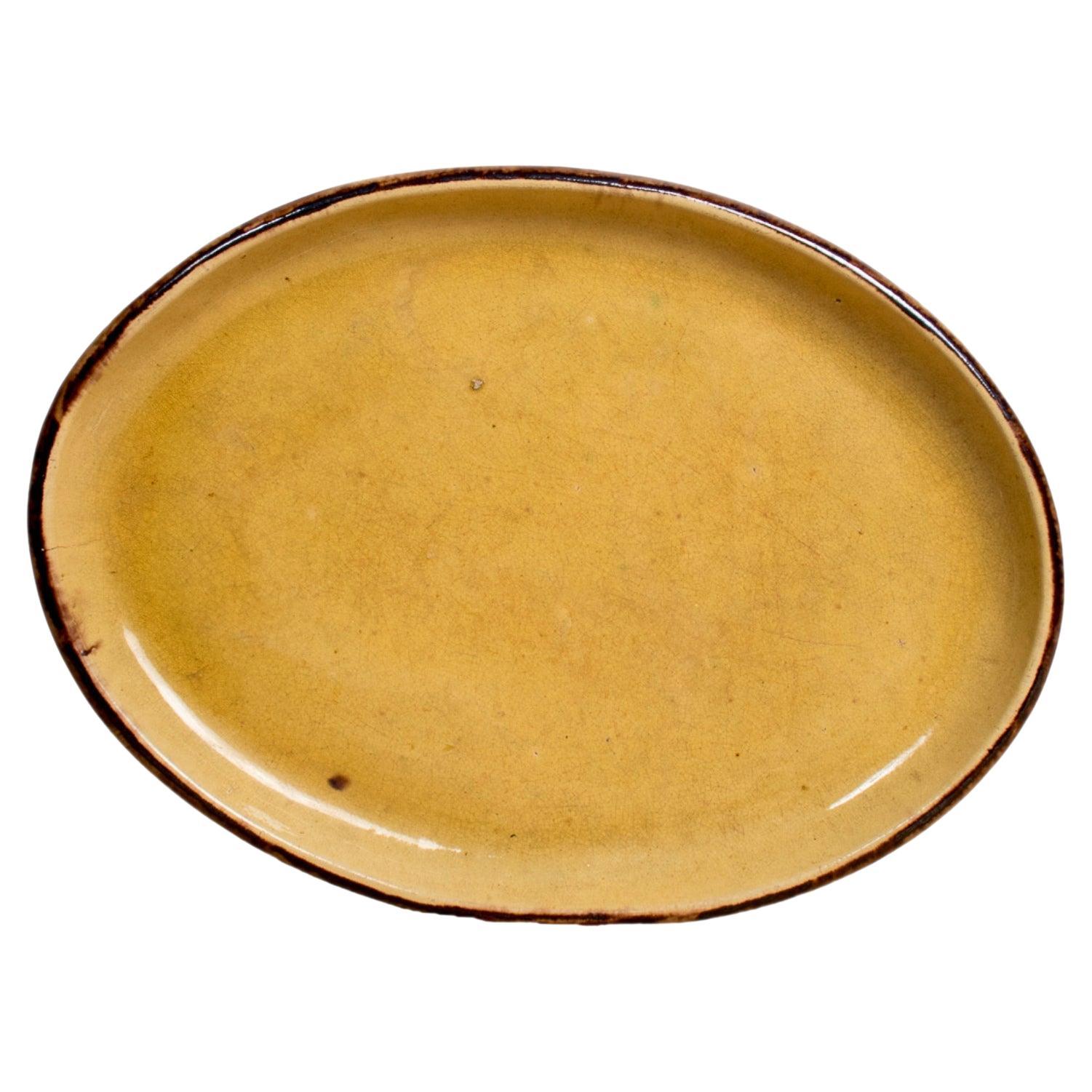 Grande piatto ovale smaltato francese Dieulefit Provencal Yellowware d'epoca