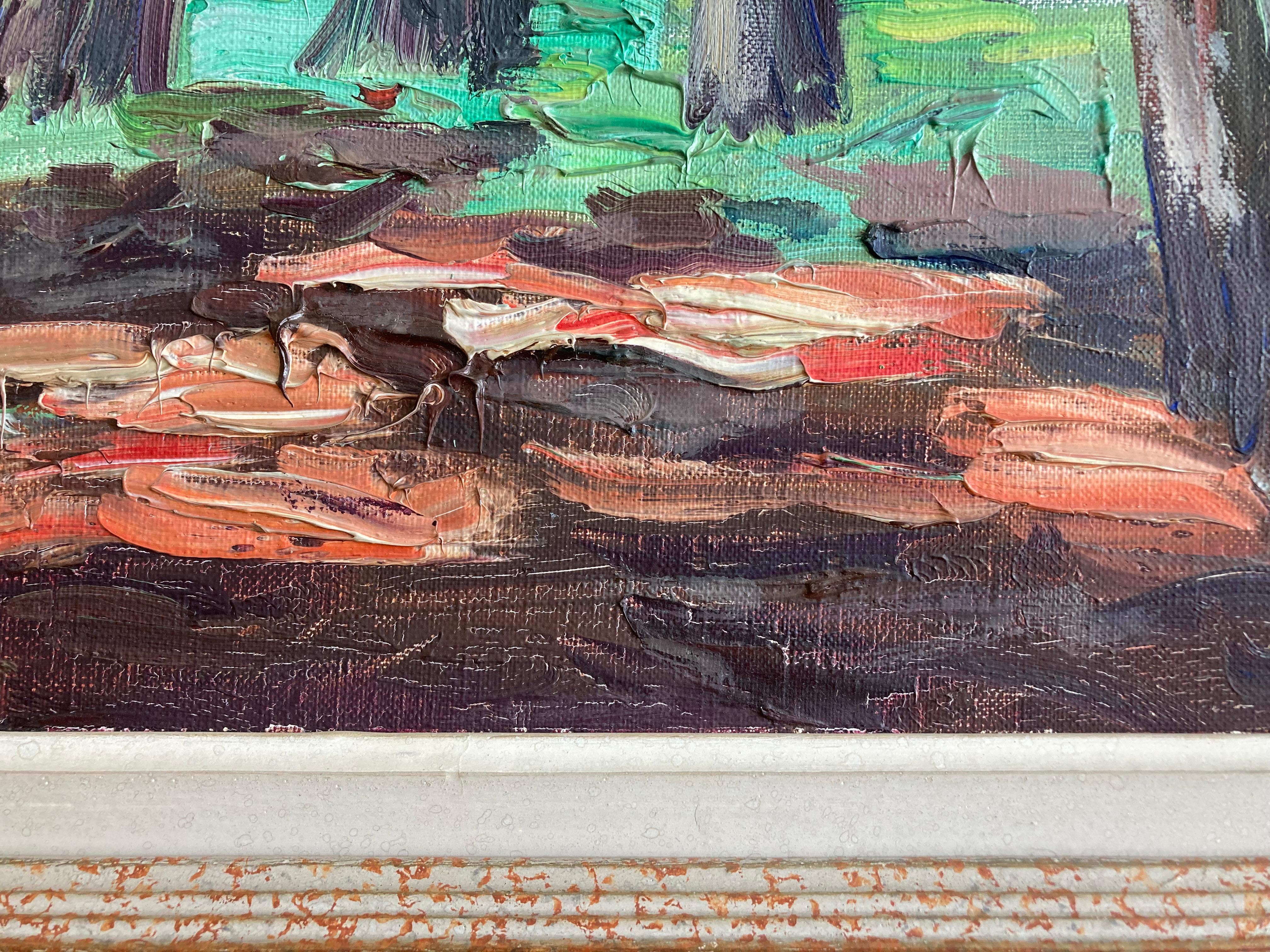 Großes französisches gerahmtes Original-Ölgemälde eines Waldes auf Stretched Canvas, Vintage im Angebot 2