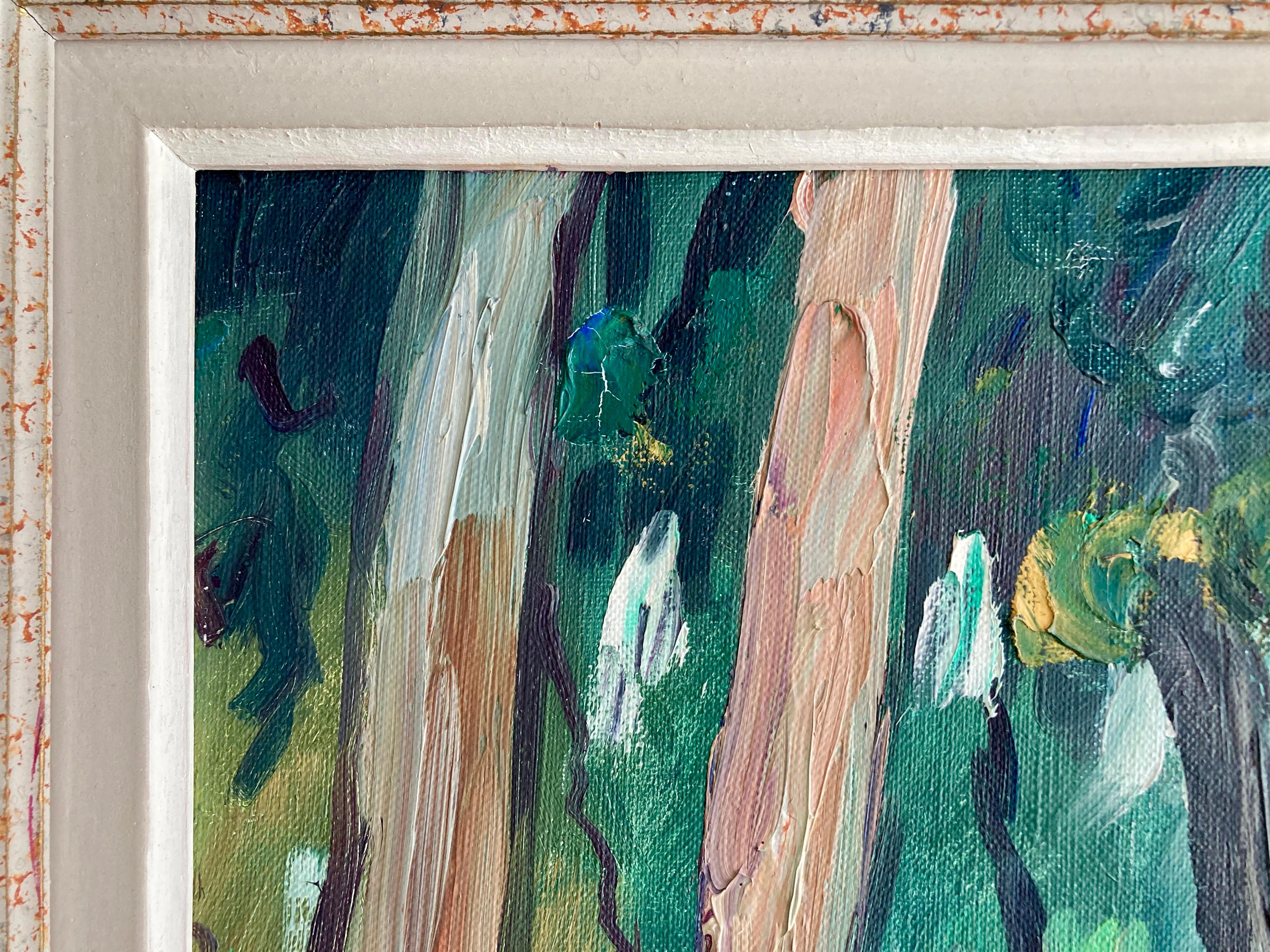 Großes französisches gerahmtes Original-Ölgemälde eines Waldes auf Stretched Canvas, Vintage im Angebot 4