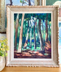 Large Vintage French Framed Original Oil Painting of Forest on Stretched Canvas