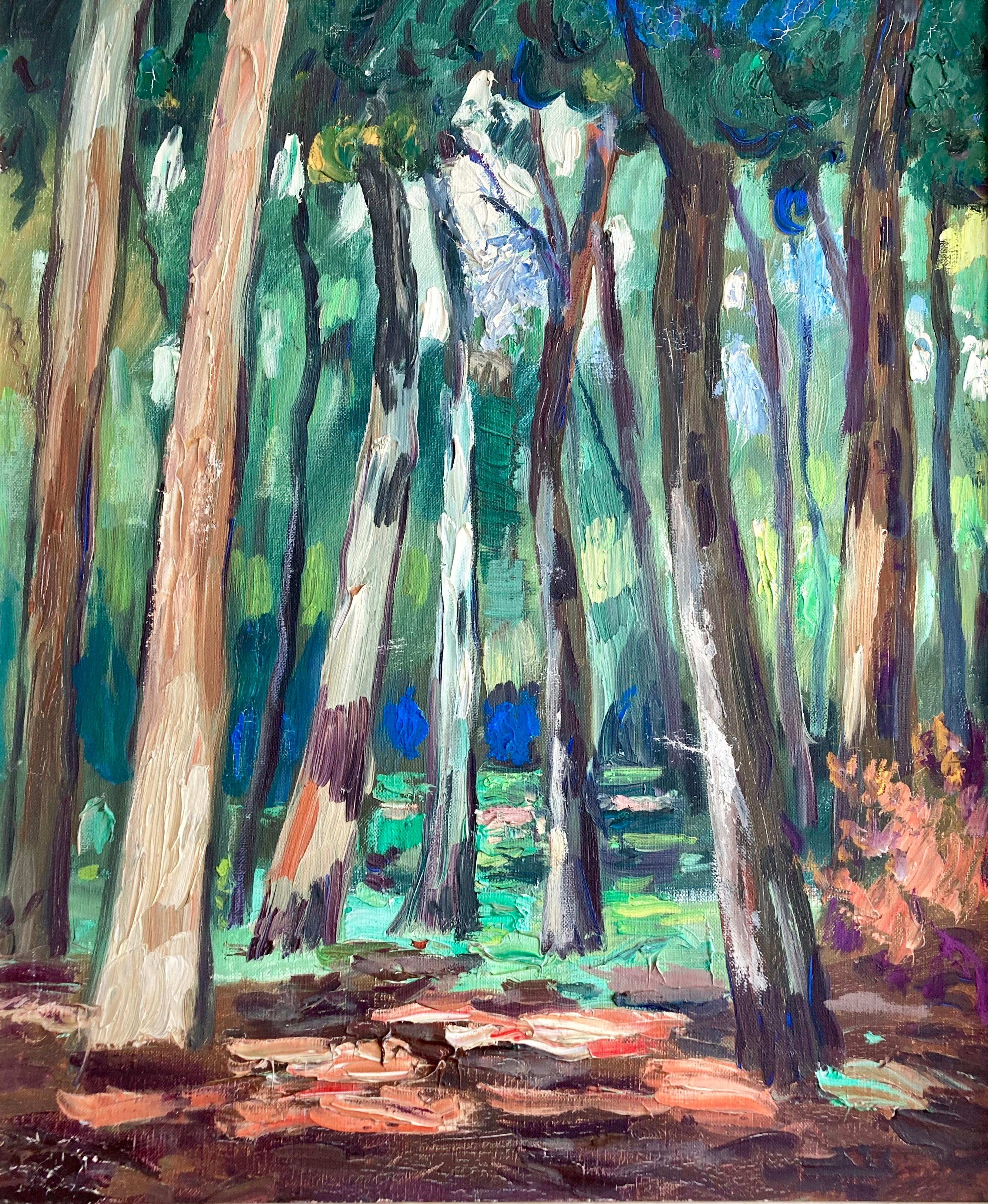 Großes französisches gerahmtes Original-Ölgemälde eines Waldes auf Stretched Canvas, Vintage (Postmoderne) im Angebot
