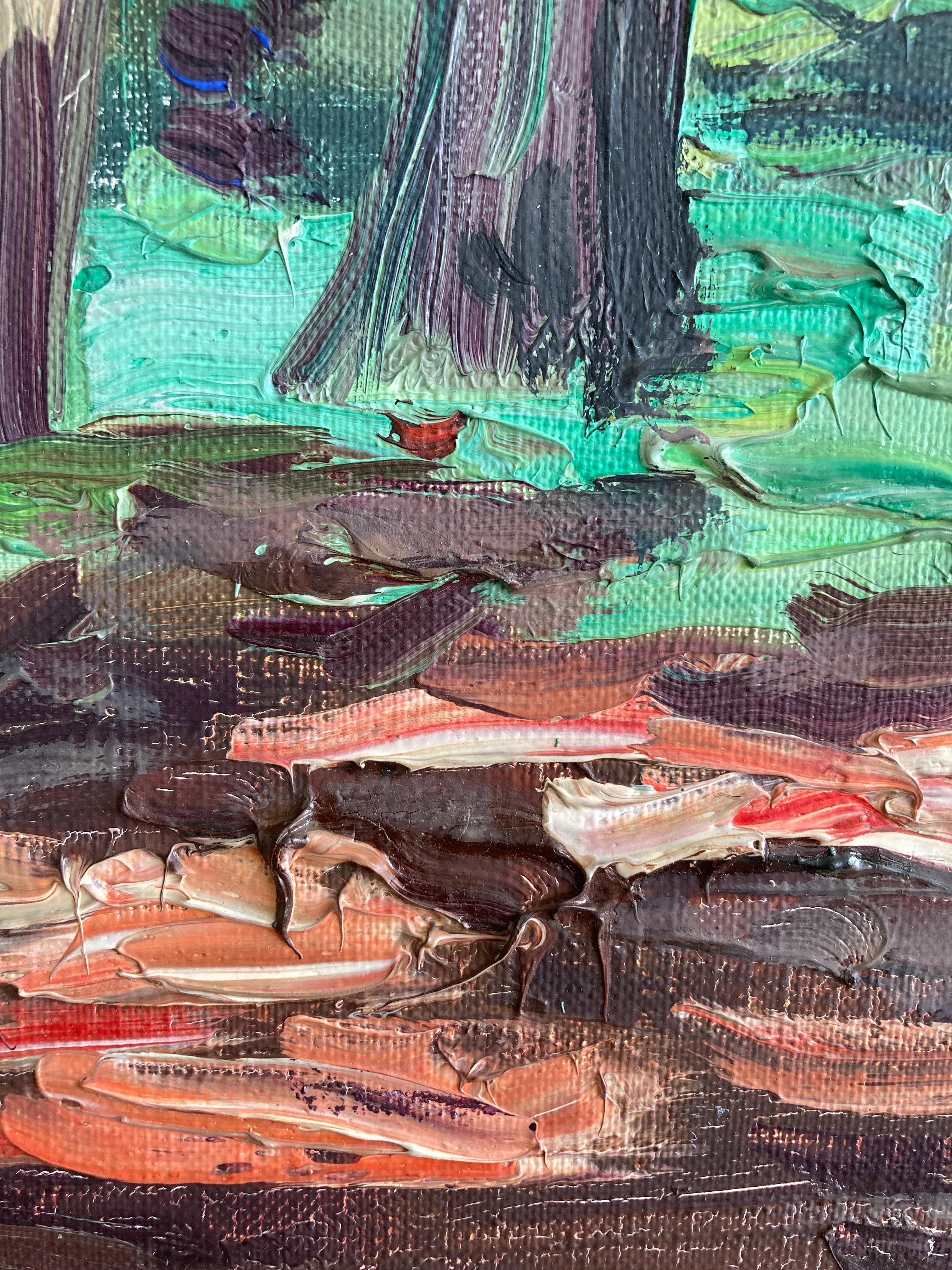 Großes französisches gerahmtes Original-Ölgemälde eines Waldes auf Stretched Canvas, Vintage (Handbemalt) im Angebot